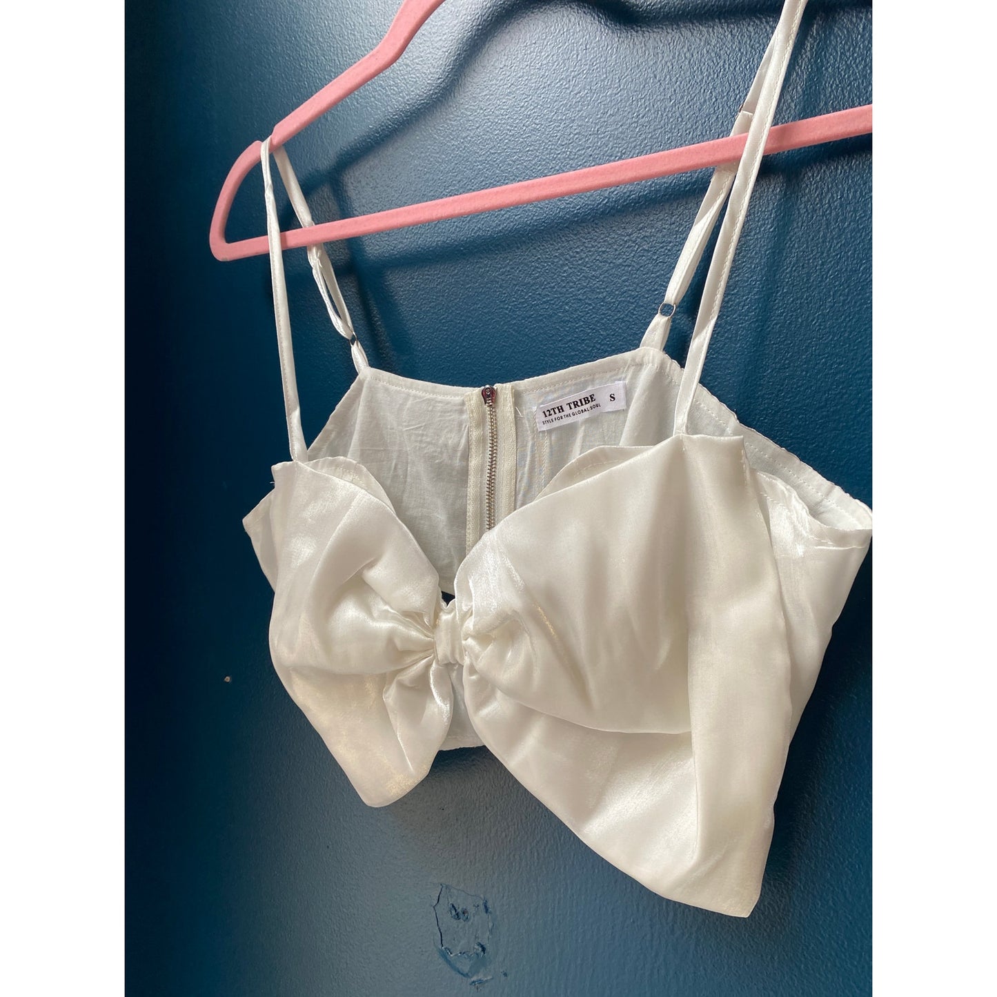 12th Tribe Iridescent White Bow Crop Top Back Zip Womens Size Small NWT