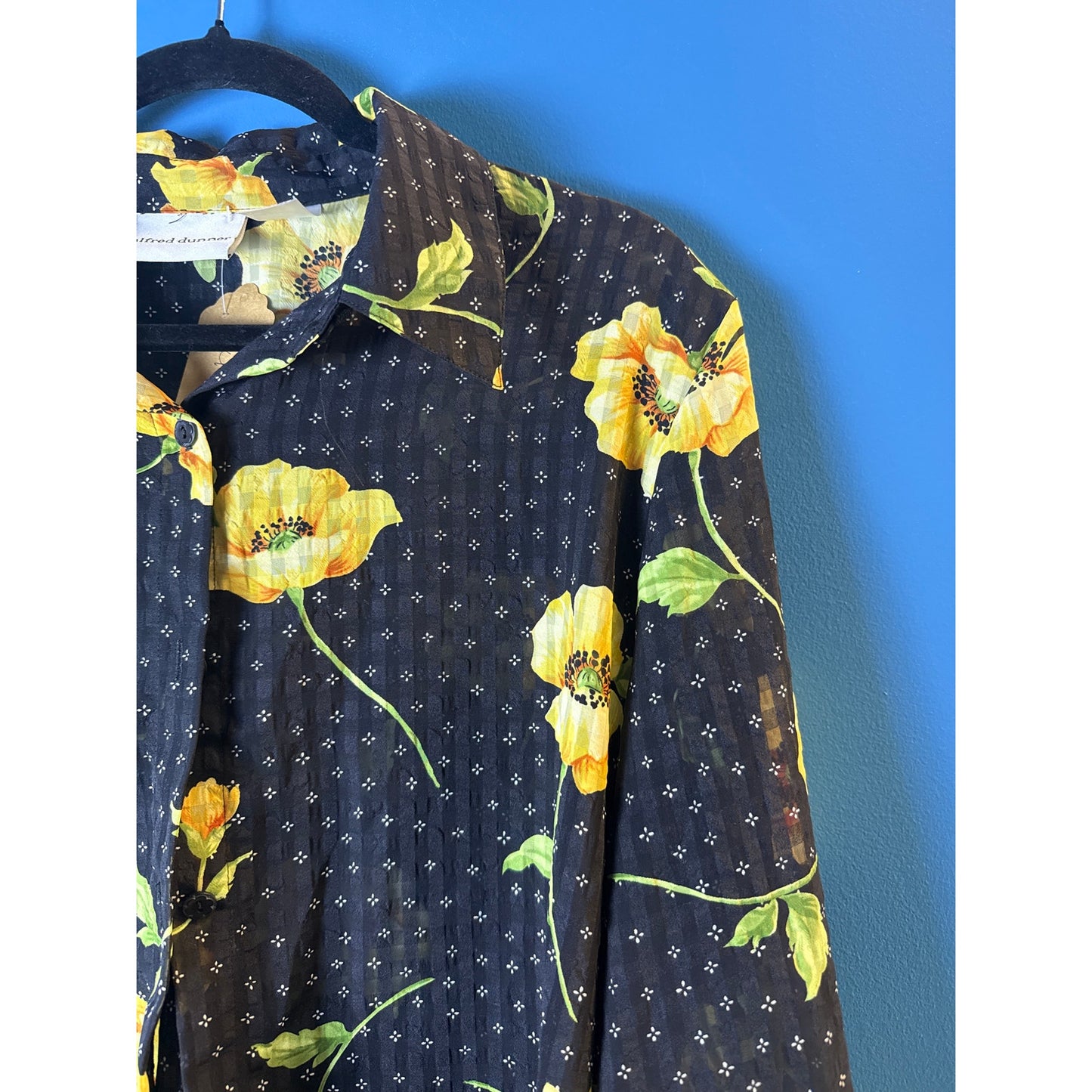 Alfred Dunner Black Yellow Floral Button Up Long Sleeve Shirt Women's Size 16