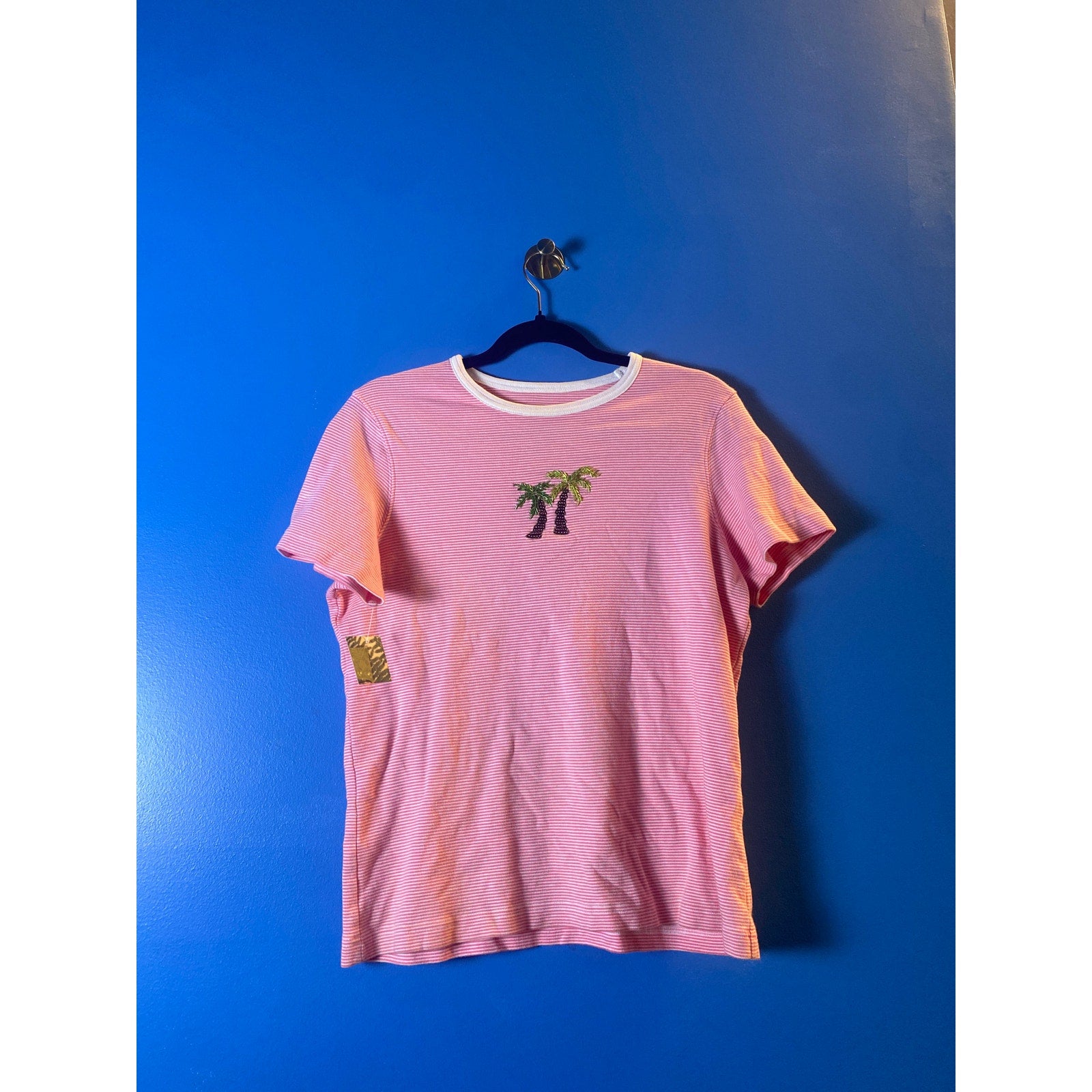 Retro 2000s Pink White Striped T-Shirt w/ Beaded Palm Tree Women's Size Large