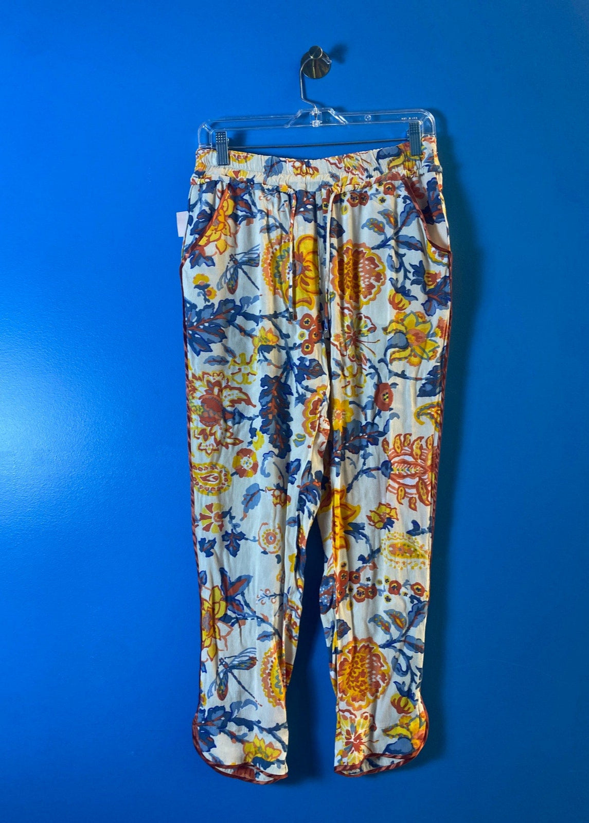 Pedro del Hierro White Yellow Blue Floral Tie Waist Joggers Pants Women's Medium