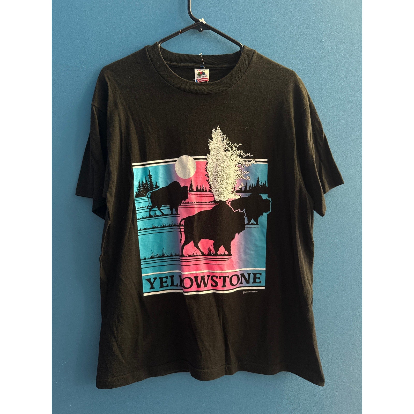 Vintage 90s Fruit of the Loom Yellowstone Blue Pink Print Black Shirt Mens Large