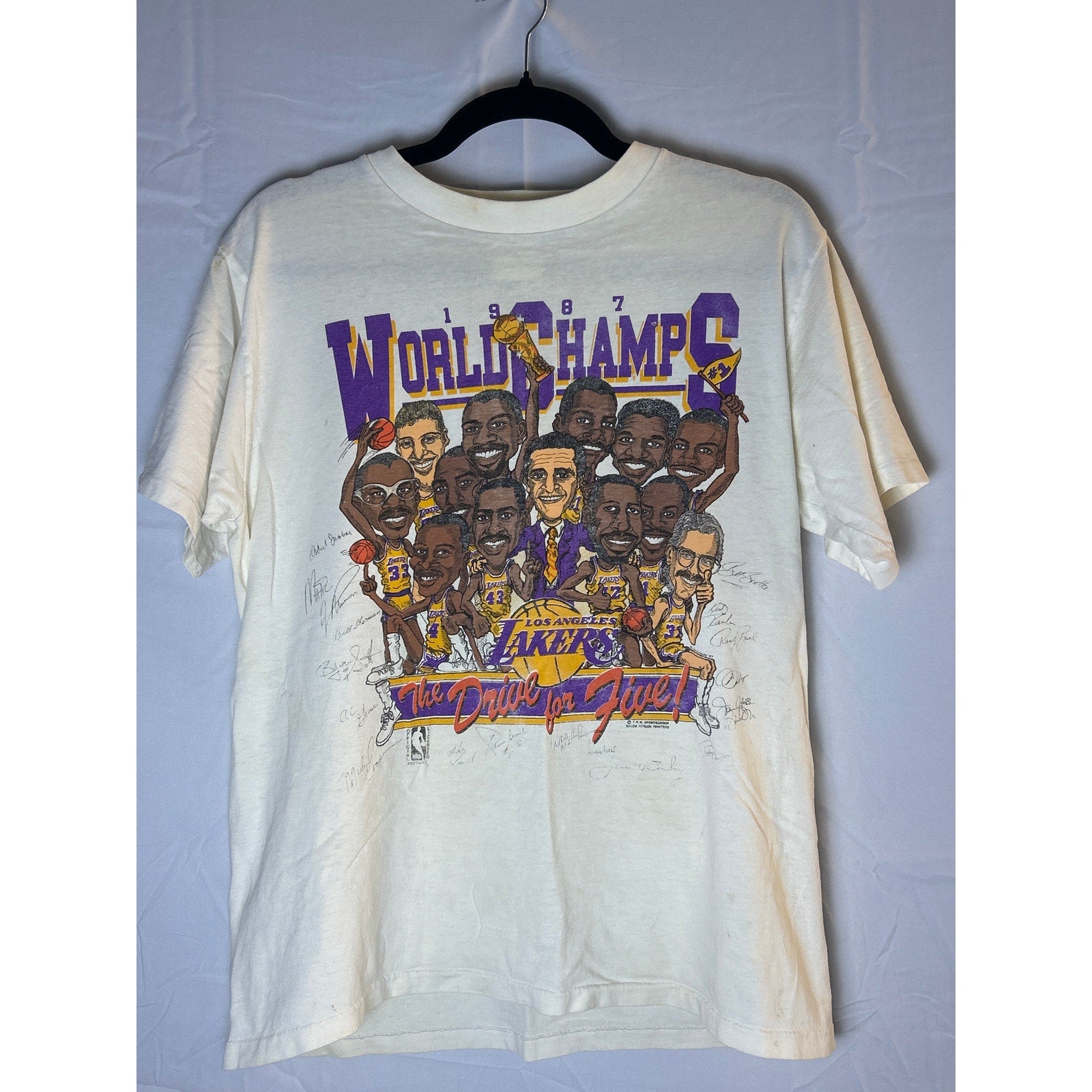 Screen Stars 1987 LA LAKERS World Champs The Drive For 5 Print White Shirt Large