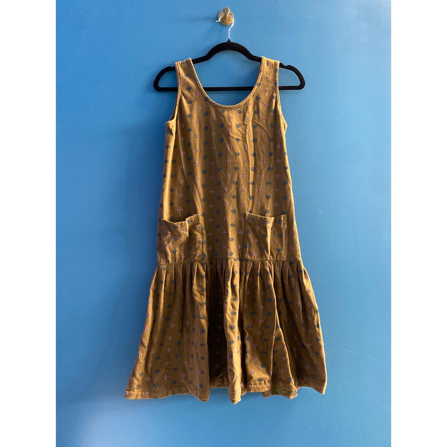 Vintage S. Roberts Khaki Green Drop Waist Dress w/ Pockets Sleeveless Medium