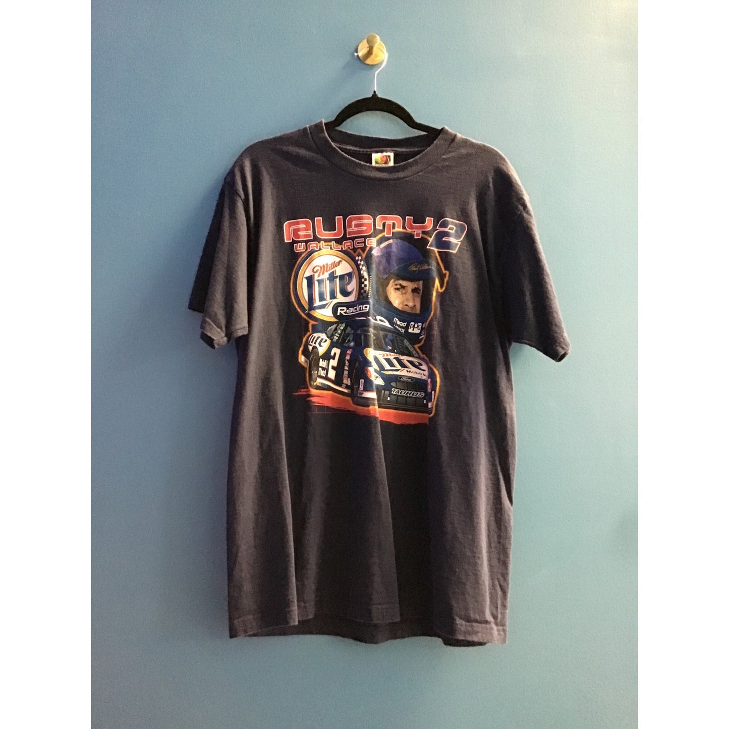 Fruit of the Loom Rusty Wallace Blue Graphic Print Shirt Men's Size Large