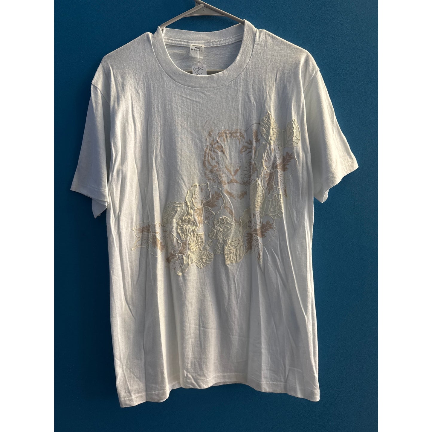 Embroidered Floral Leaves Tiger Print White Tee Shirt Men's Size Large