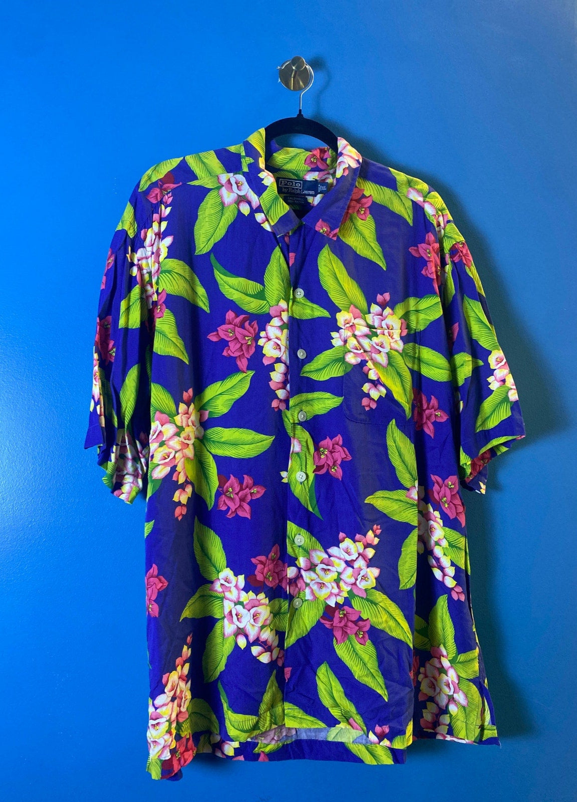 Vintage Polo Ralph Lauren Blue Green Floral Hawaiian Button Up Shirt Caldwell XL