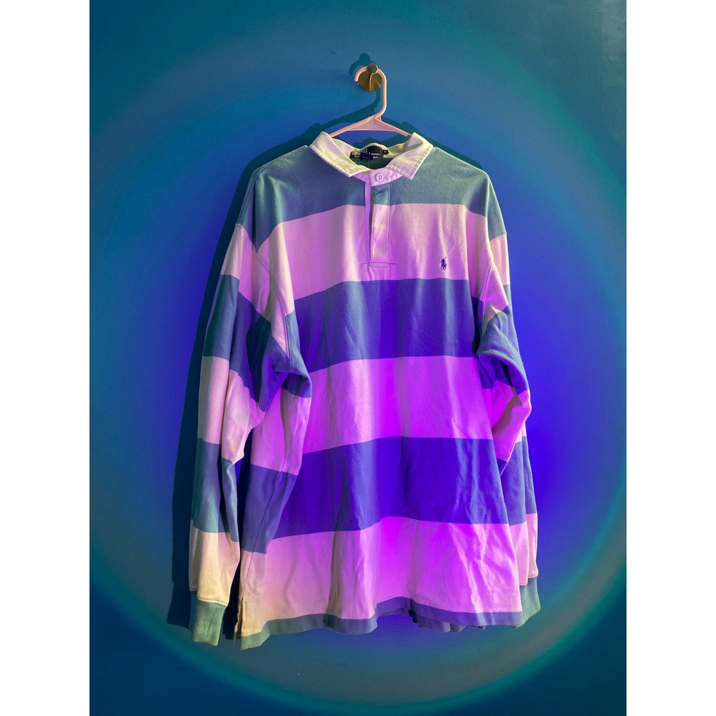 Vintage Polo by Ralph Lauren White Green Striped Long Sleeve Polo Shirt XL