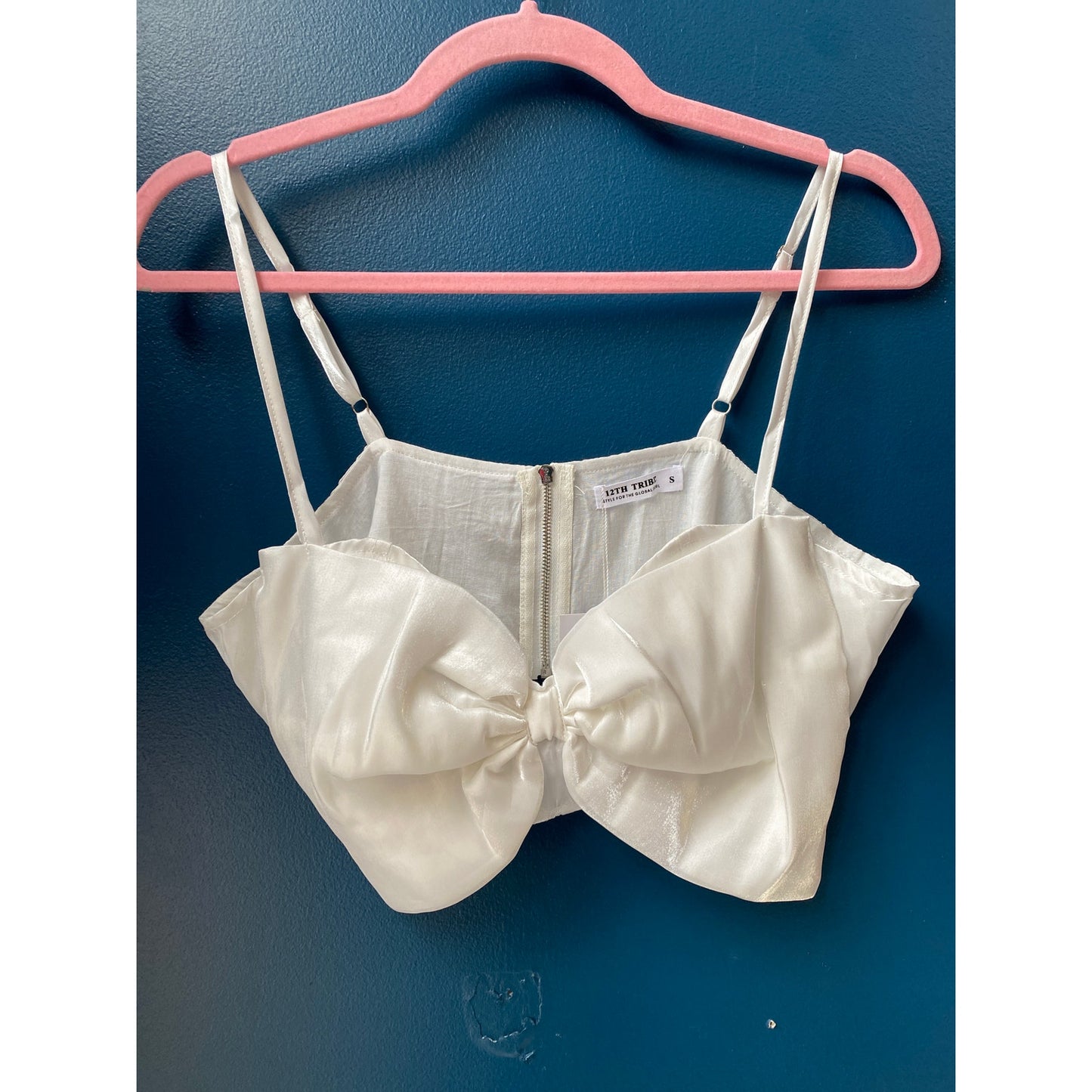 12th Tribe Iridescent White Bow Crop Top Back Zip Womens Size Small NWT