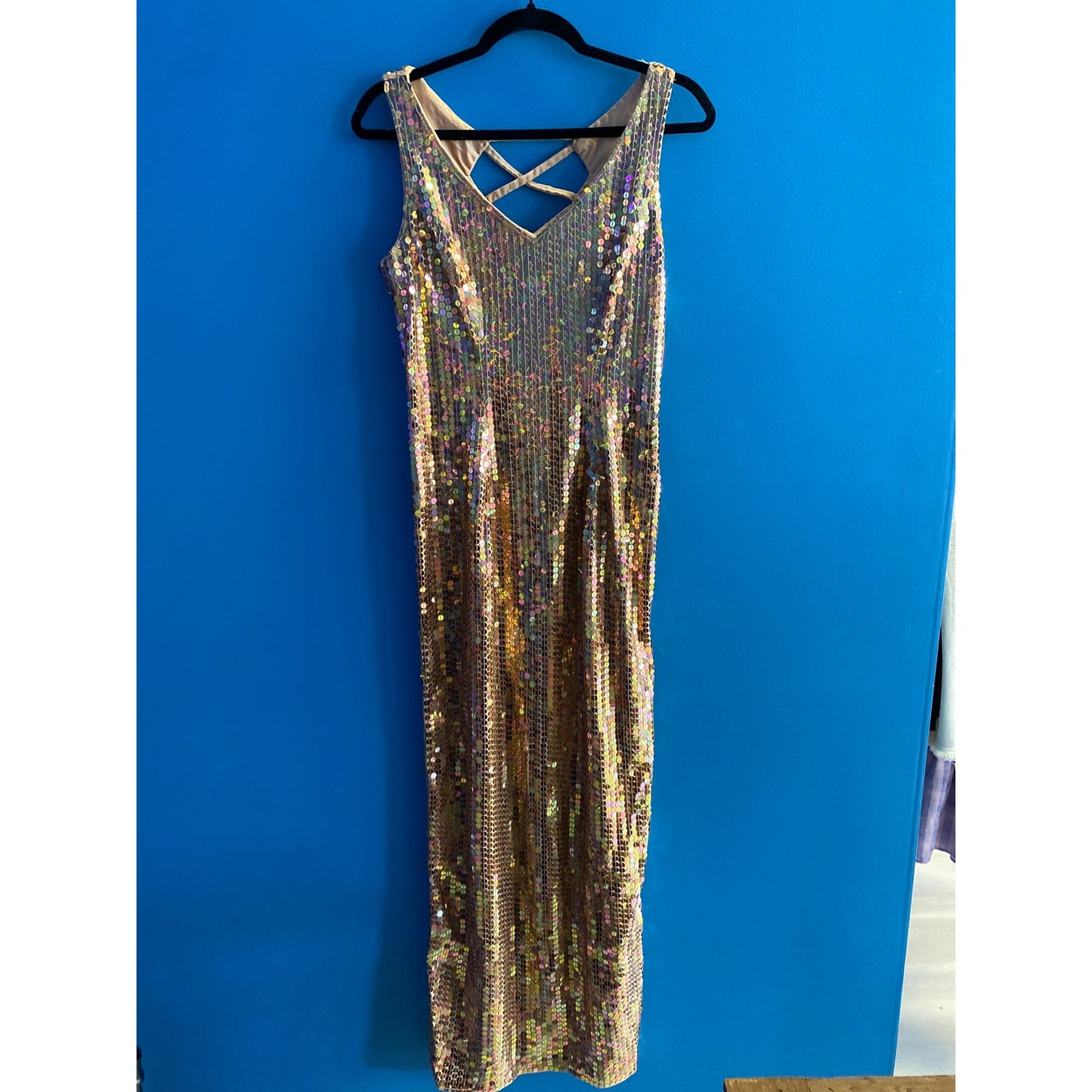 Vintage Robert Anthony Sequin Long Dress Criss-cross Back Sleeveless Women's 8