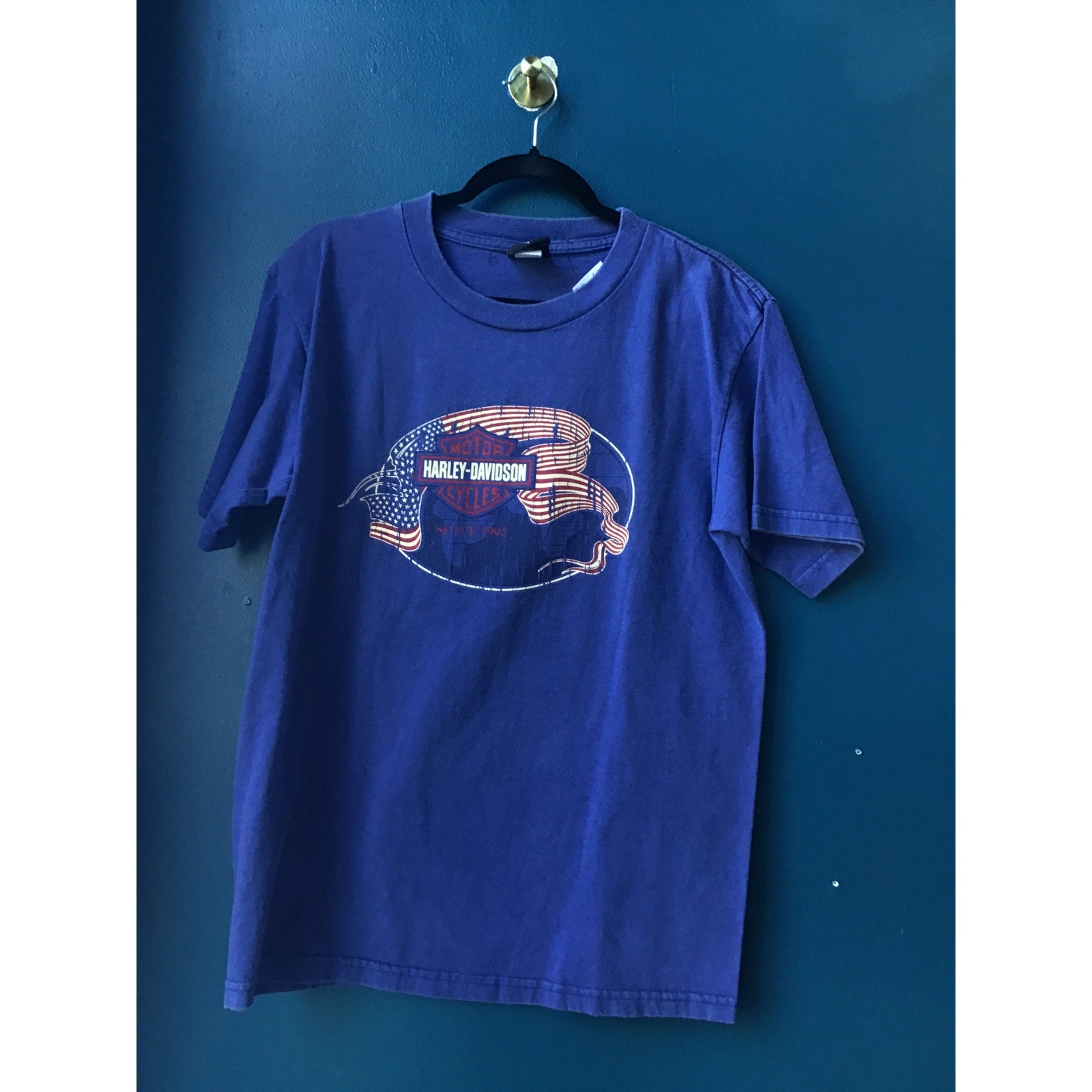 Harley Davidson USA Flage Eagle Indywest Plainfield, Indiana Blue Shirt Large
