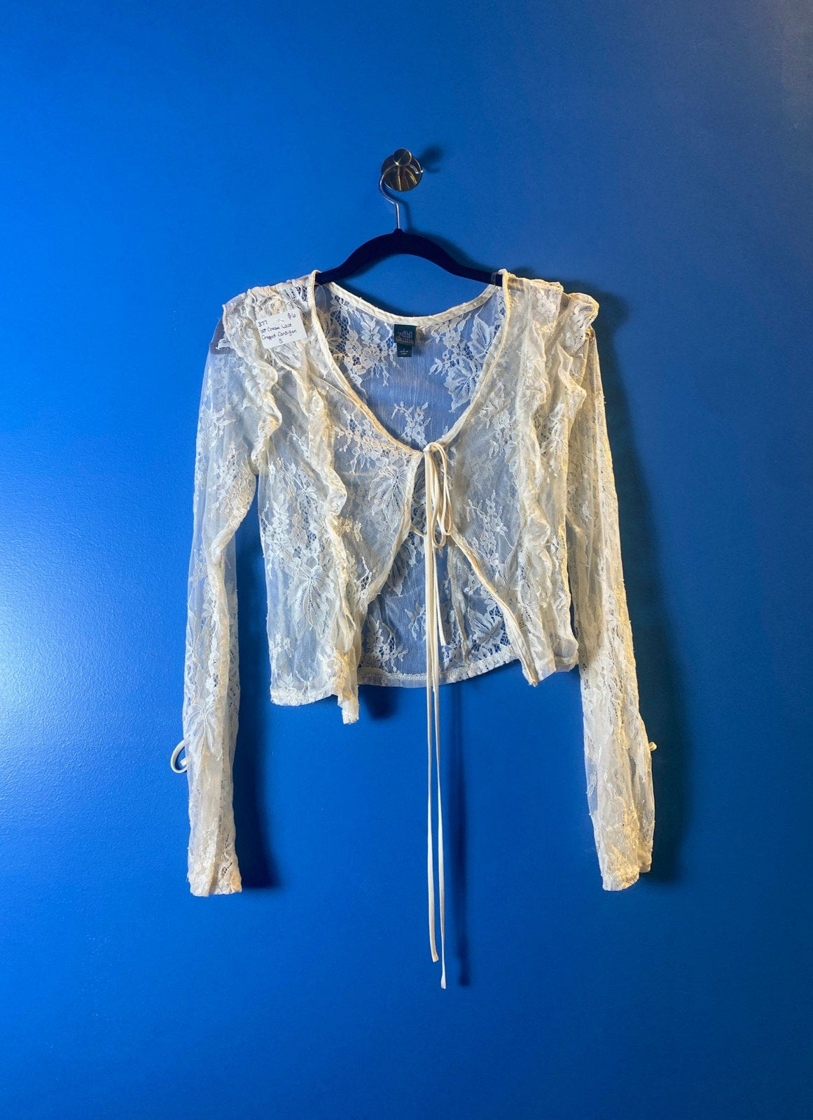 WF Cream Lace Cropped Cardigan Front Tie Long Sleeve Women's Size Small