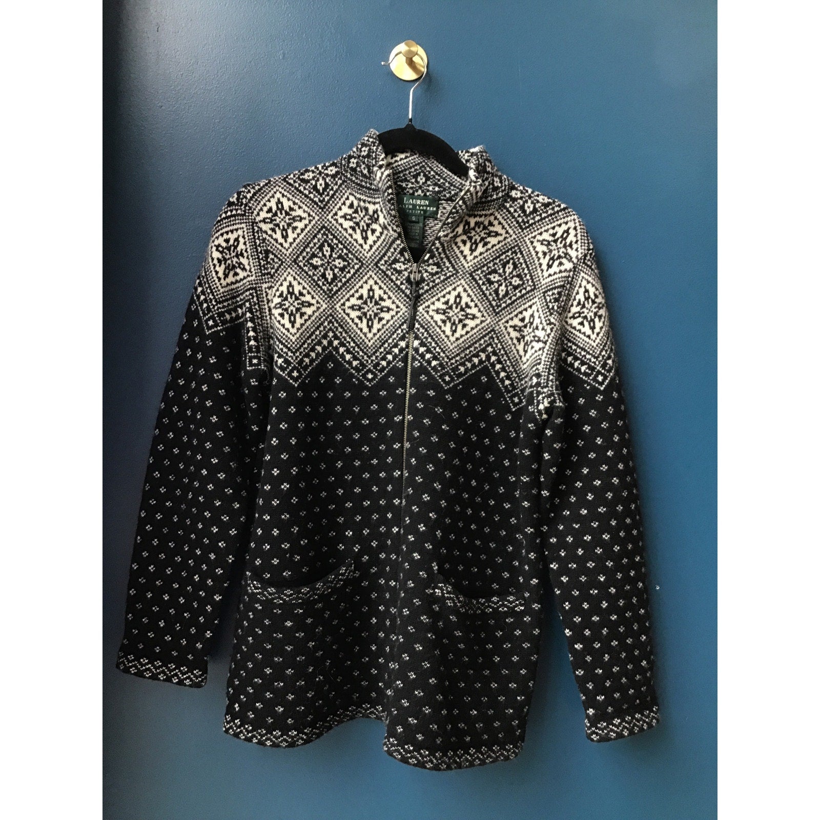 Lauren Ralph Lauren 100% Lambswool Full Zip Jacket Gray White Aztec Womens Small