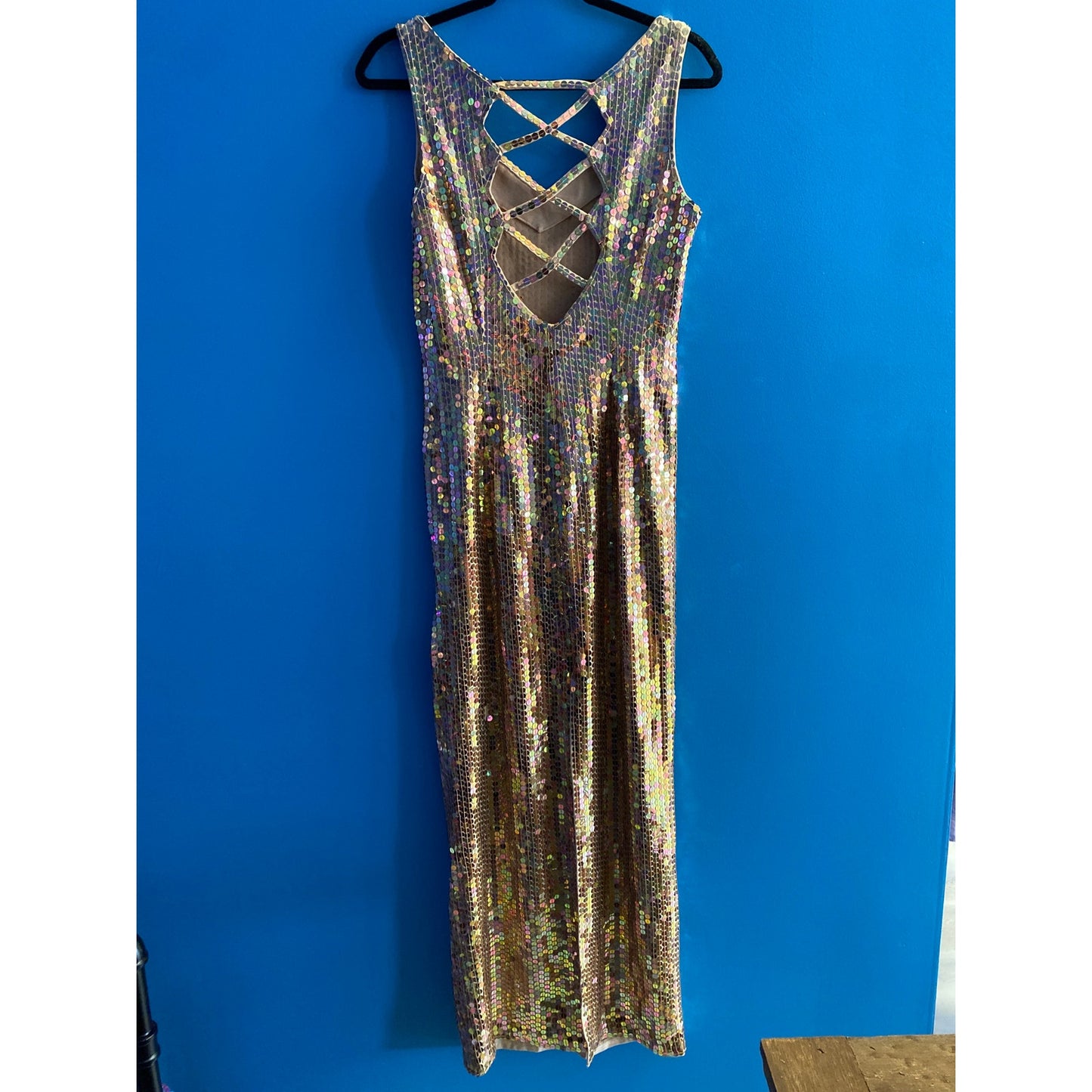 Vintage Robert Anthony Sequin Long Dress Criss-cross Back Sleeveless Women's 8