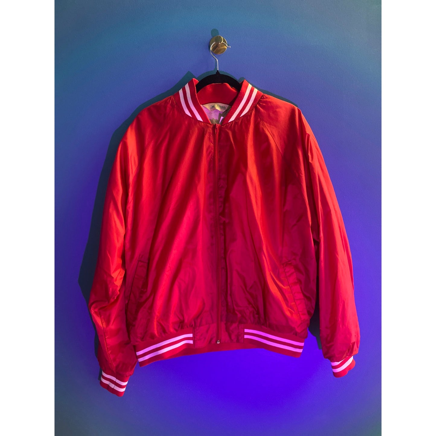 Haband Red White Stripes Nylon Full Zip Varsity/Bomber Jacket Men's Size Large