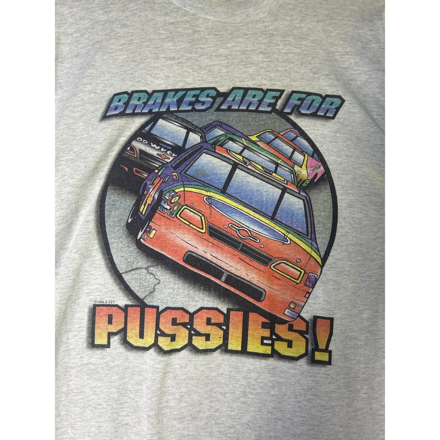 Fruit of the Loom BRAKES ARE FOR PUSSIES! Graphic Print Gray Shirt Mens Size XL