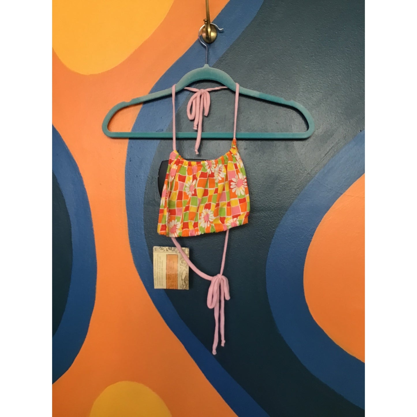 Hamade Halter Crop Top Vintage 60s Cotton Printed Groovy Floral Squares XS-M