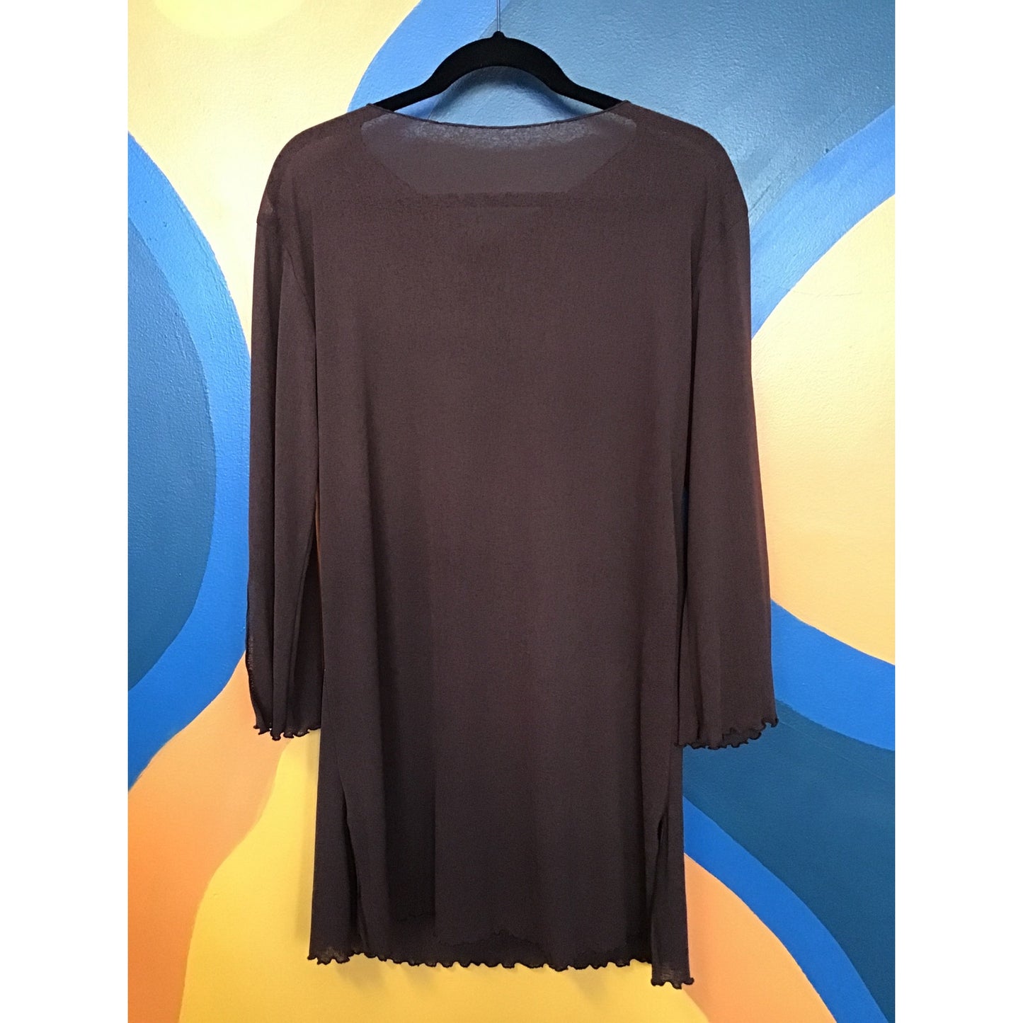 Y2K Brown Mesh Fairy Tunic Shirt Dress Long Sleeve Front Tie Women's Medium