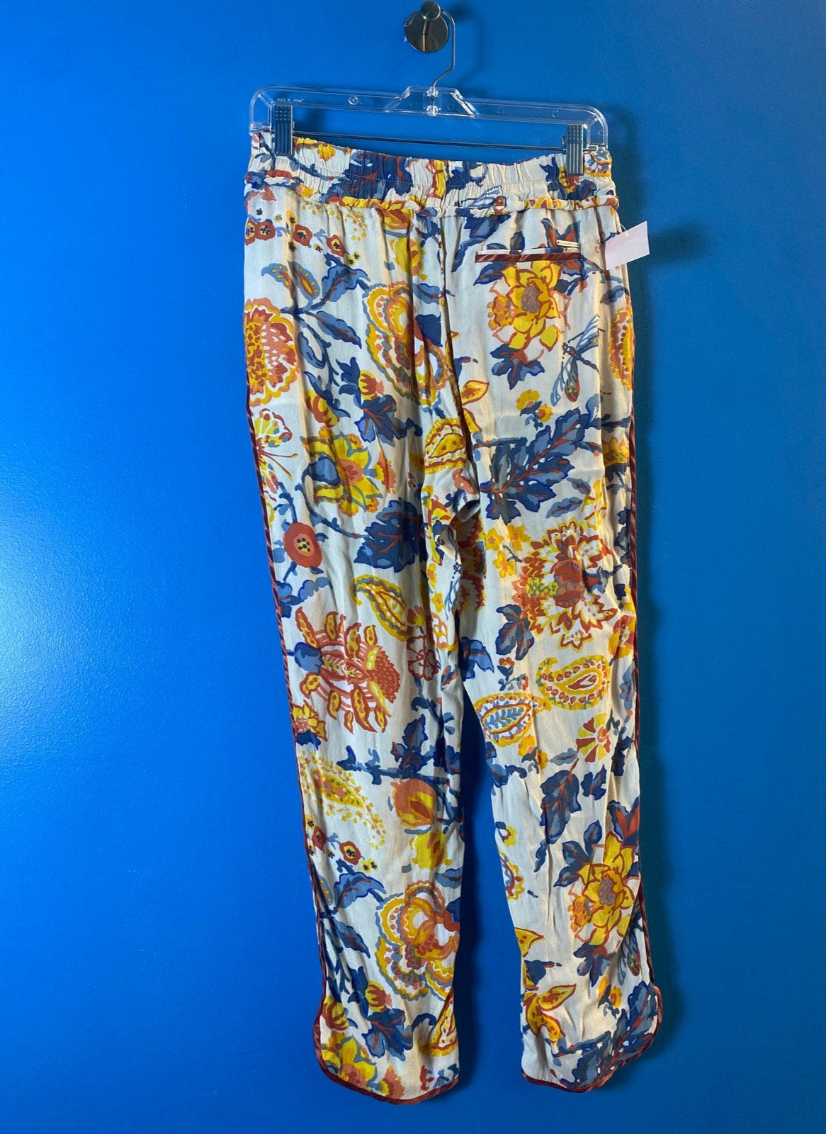 Pedro del Hierro White Yellow Blue Floral Tie Waist Joggers Pants Women's Medium