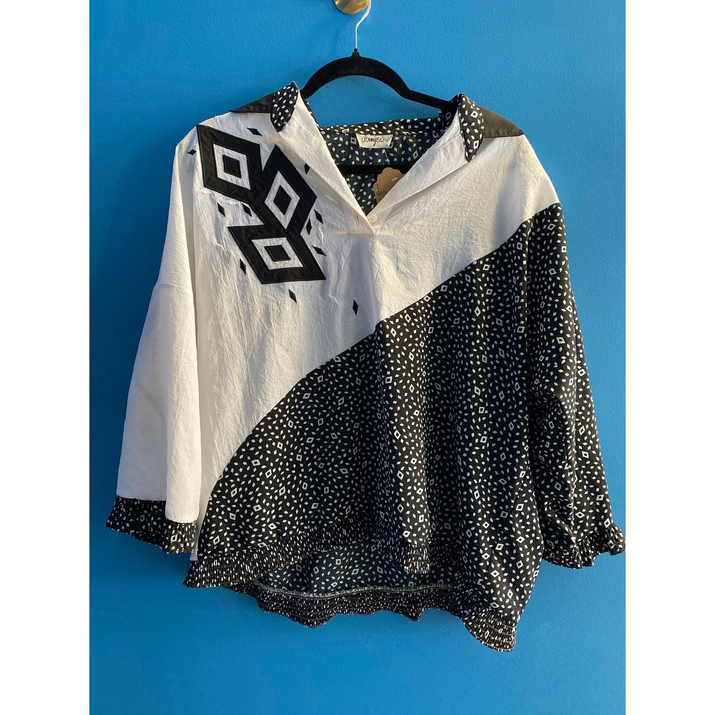 80's Black White Geometric Pullover Long Sleeve 1/4 Button Shirt Women's Large