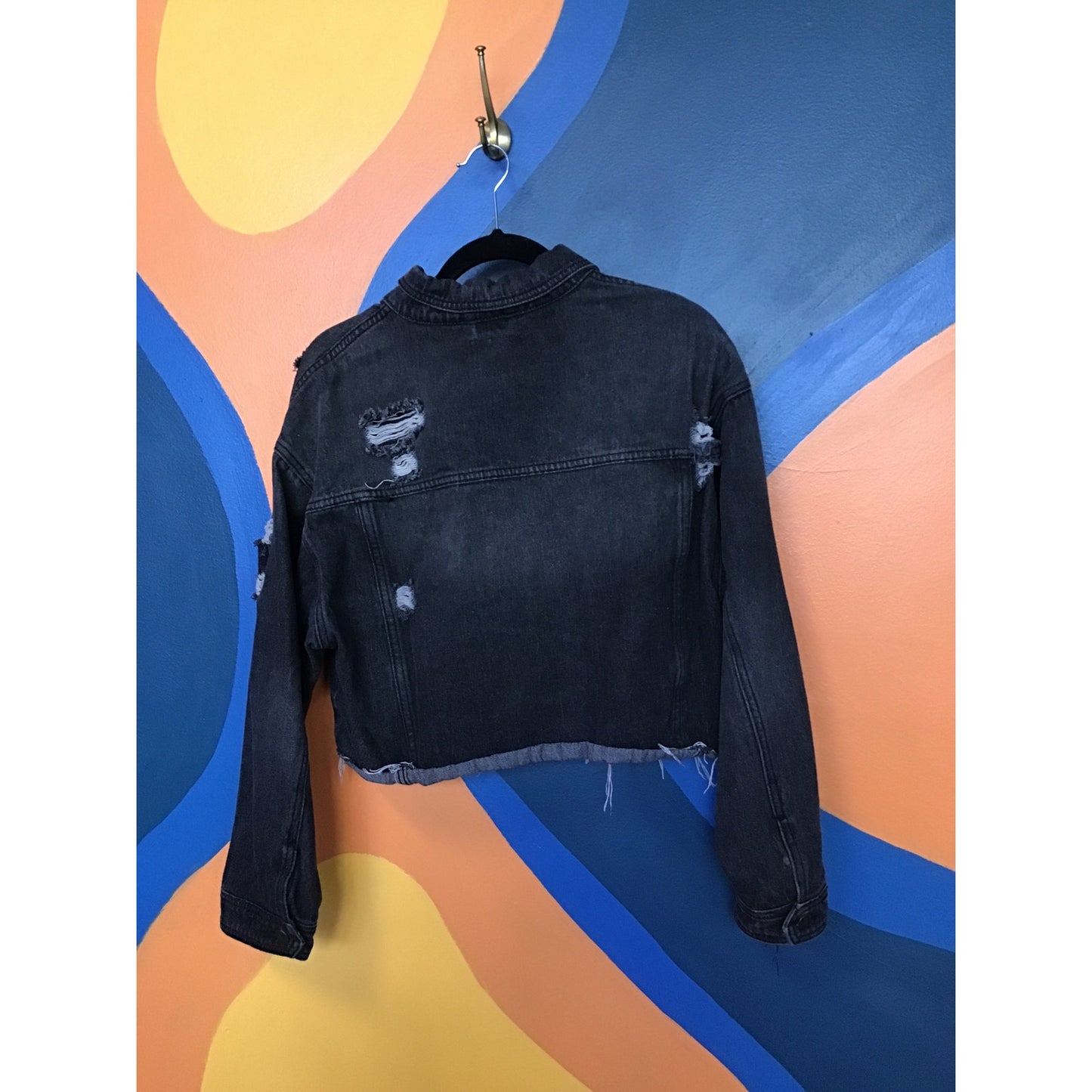 Daisy Black Denim Distressed Button Up Crop Jacket Raw Hem Women's Size Large