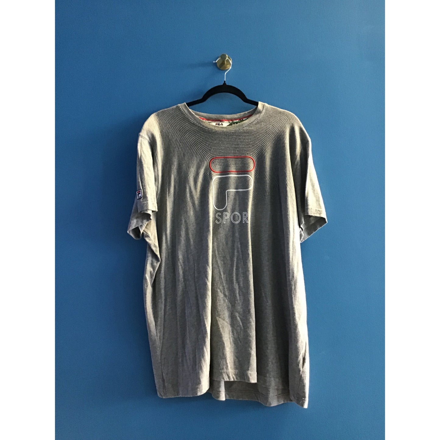 FILA Sport Front Logo Print Gray Black Striped Shirt Men's Size XL