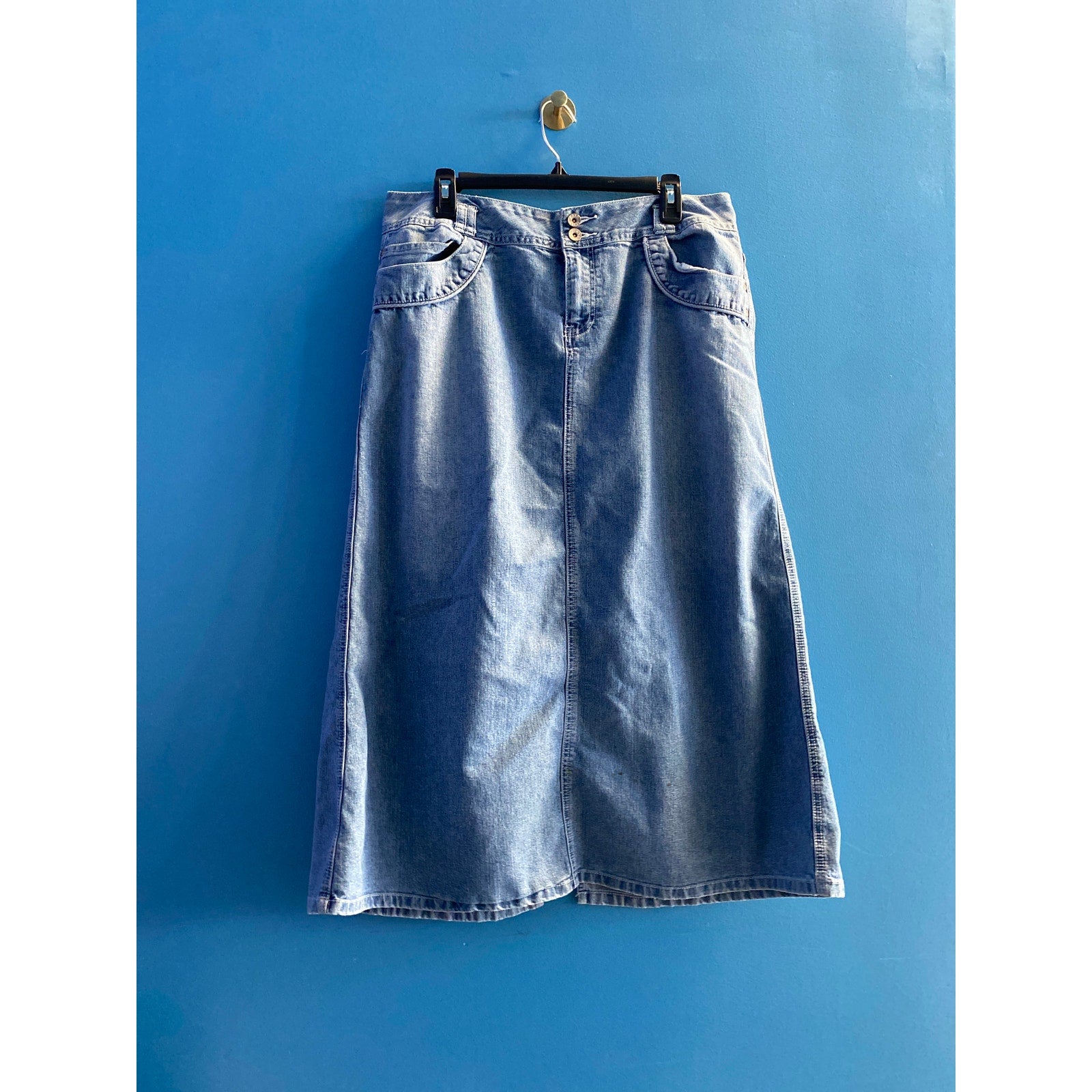 Y2K Cato Blue Denim A-line Midi Skirt Back Slit Women's Size 14 Waist: 36"