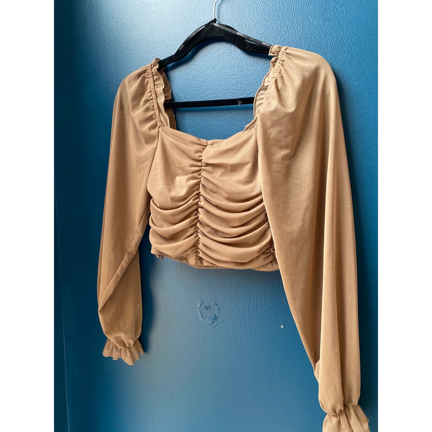 Forever 21 Light Brown Mesh Ruched Sweetheart Crop Top Long Sleeve Medium