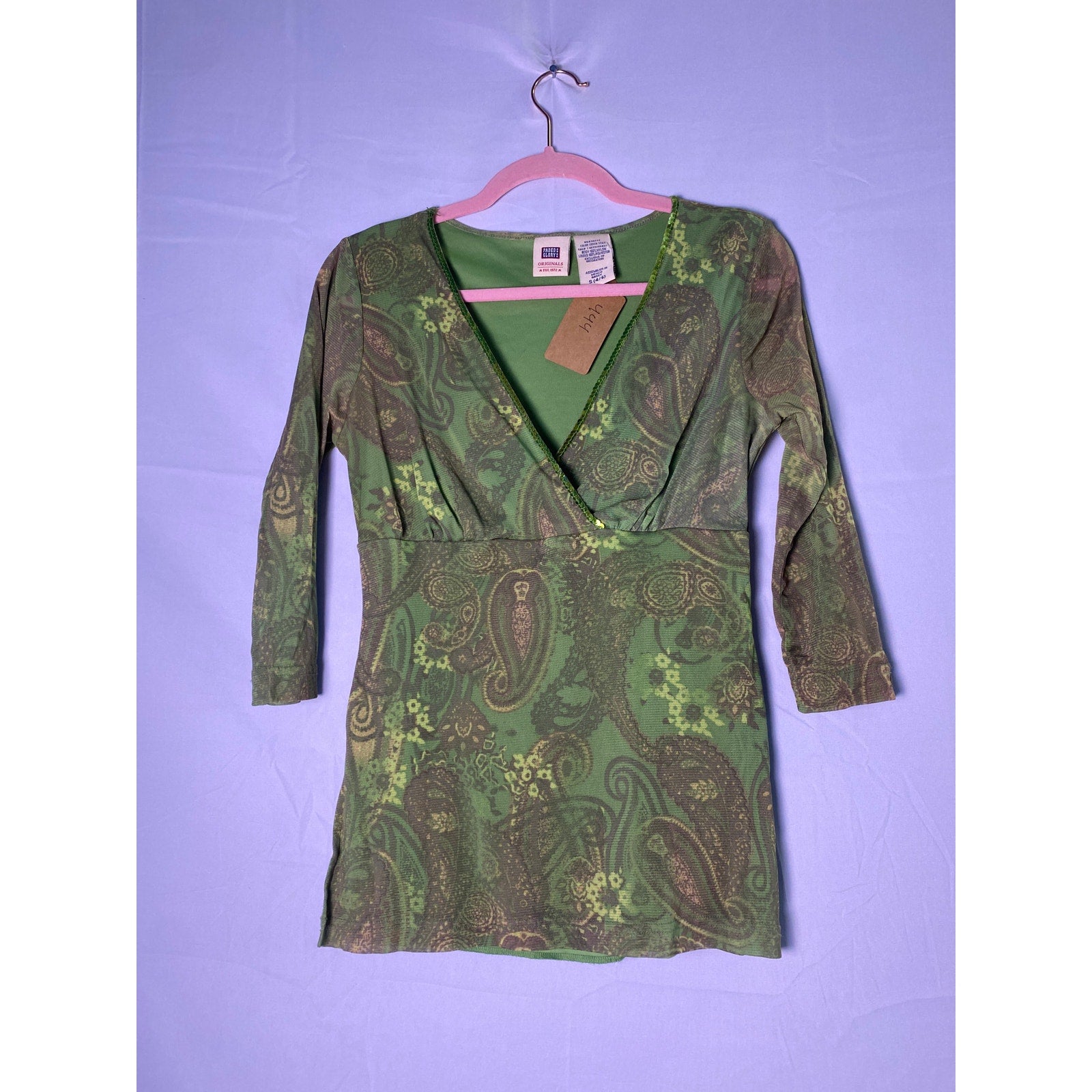 Y2K Faded Glory Green Mesh Paisley Top with Sequins 3/4 Sleeve Women's Small