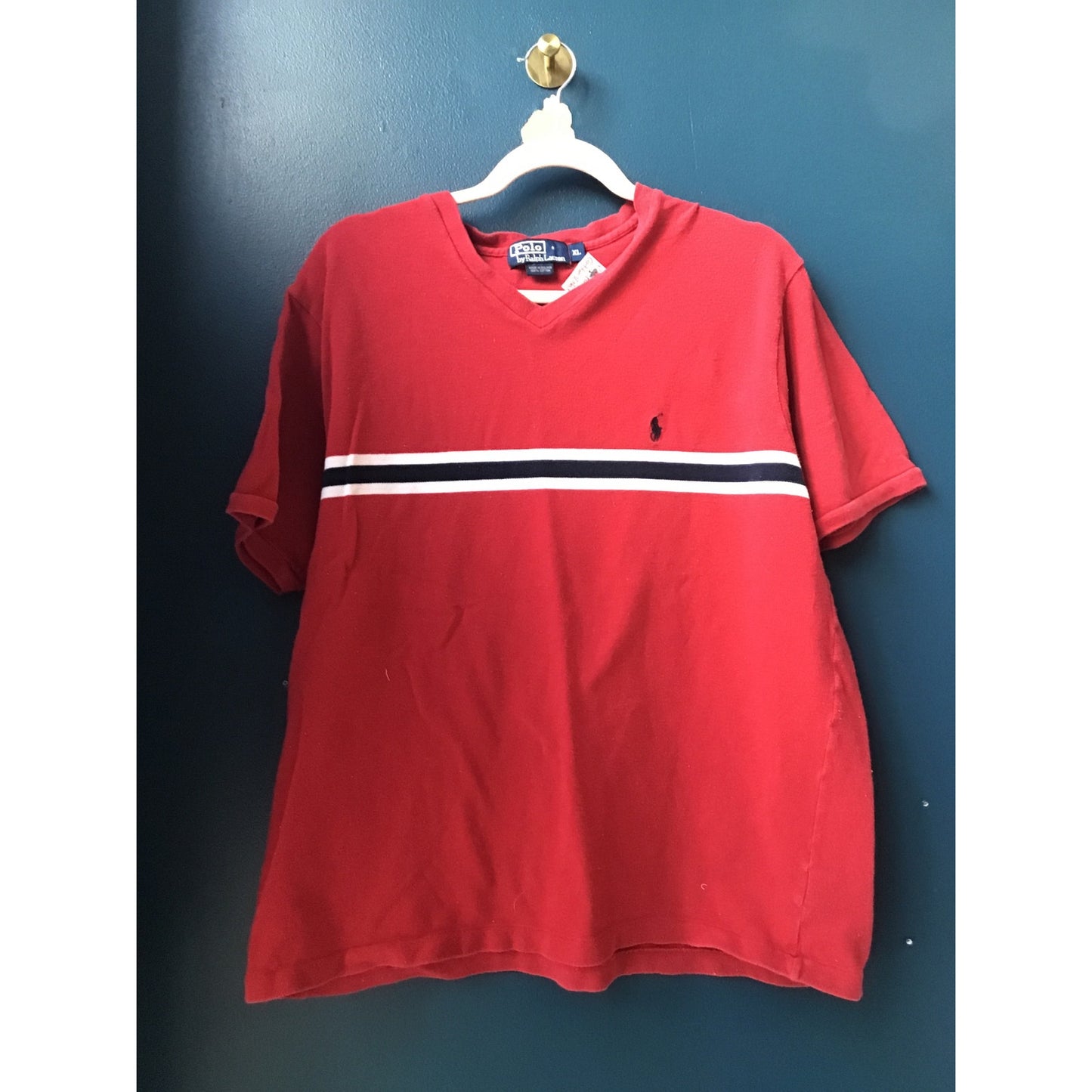 Vintage Polo Ralph Lauren Red Striped V-neck Logo Shirt Men's Size XL