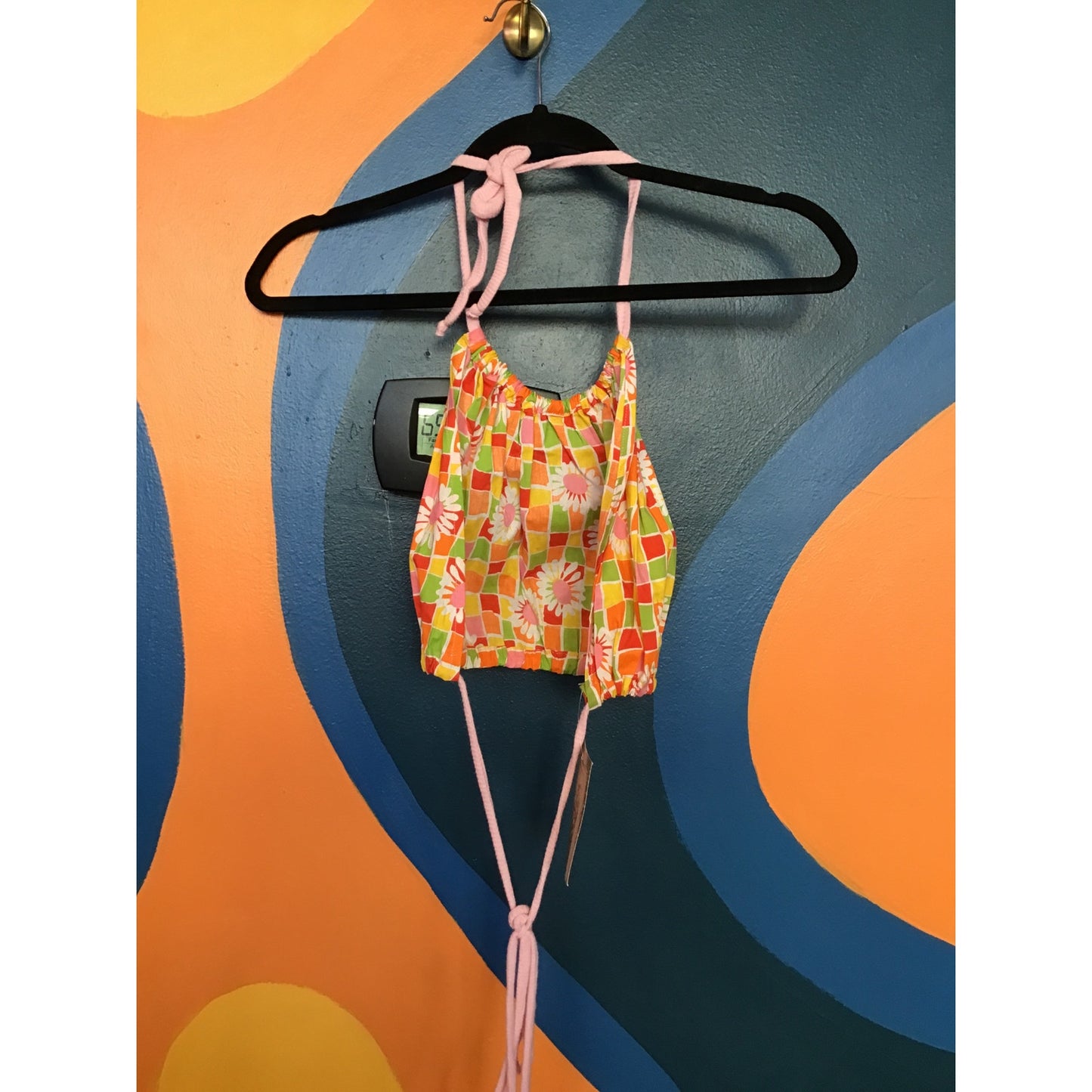 Handmade Halter Crop Top-Vintage 60s Cotton Ainted Groovy Floral + Squares
