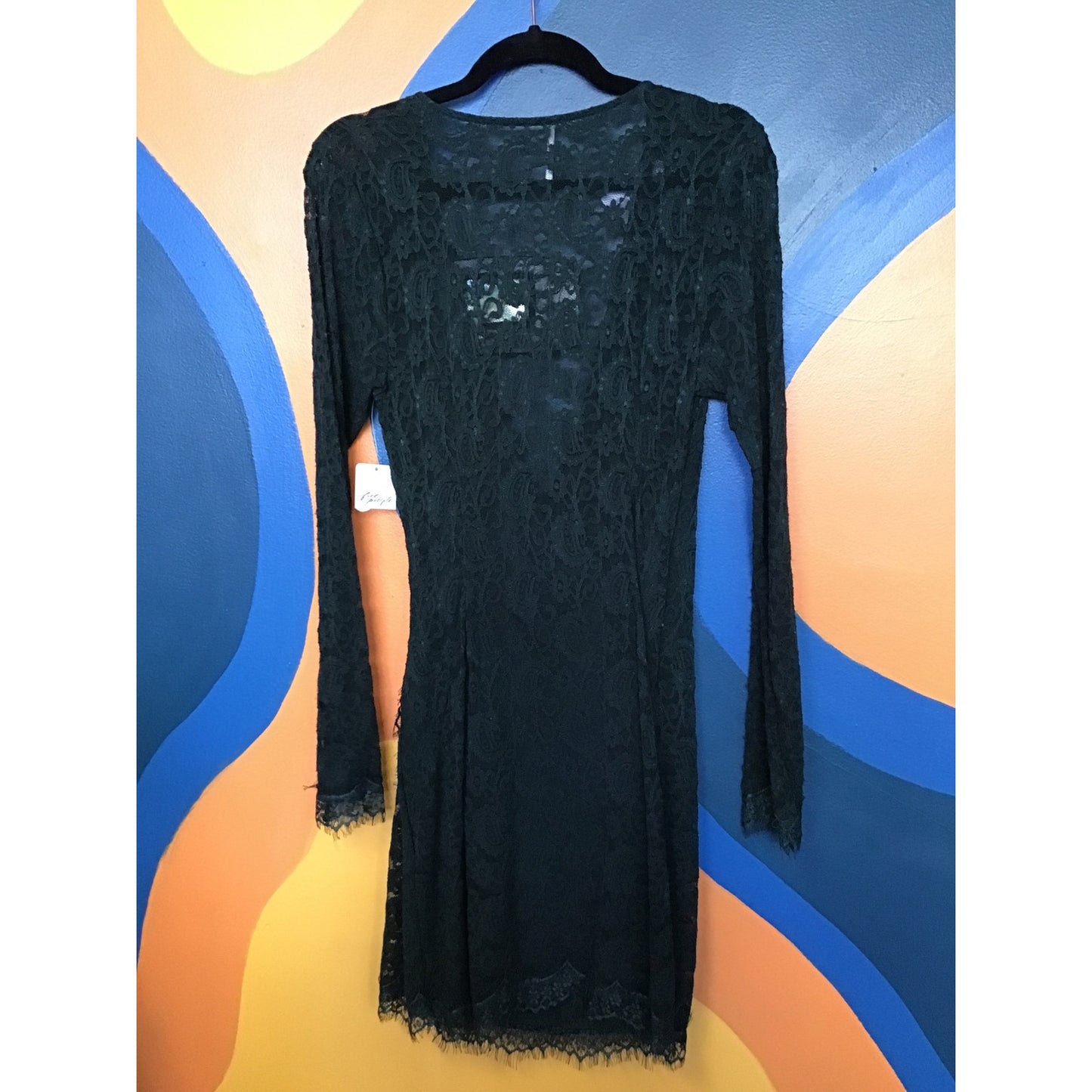 Free People Deep Green Lace Long Sleeve Stretchy Lightweight Mini Dress Medium