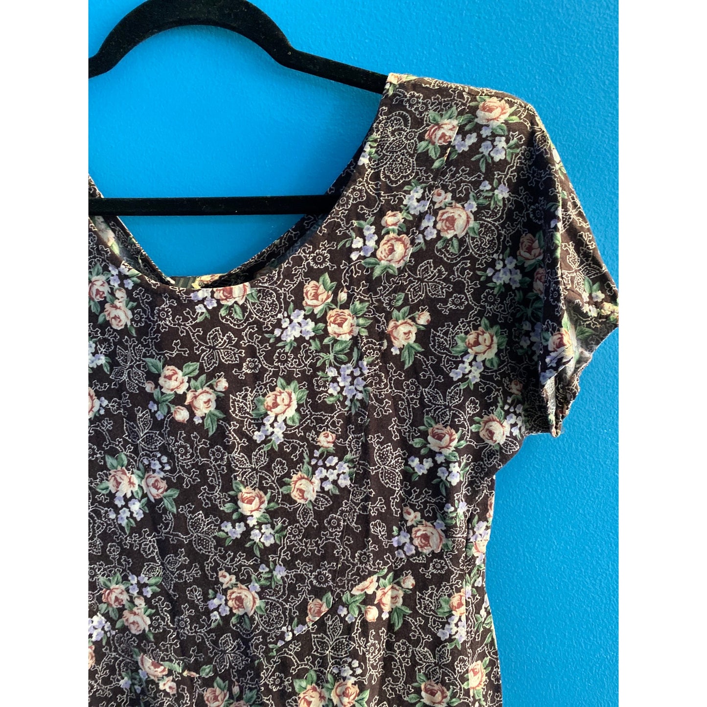90's Brown Floral Dress w/ Clip Short Sleeve Multicolor Dress Women's Size XS/S