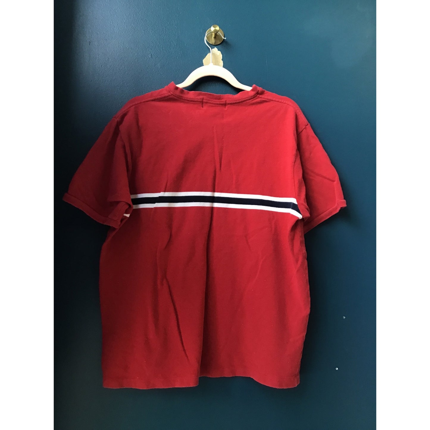 Vintage Polo Ralph Lauren Red Striped V-neck Logo Shirt Men's Size XL