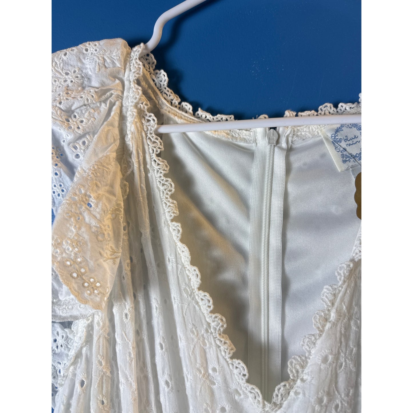 Blue Rain White Eyelet Embroidered Lace Ruffle V-Neck Midi Sundress Size Medium