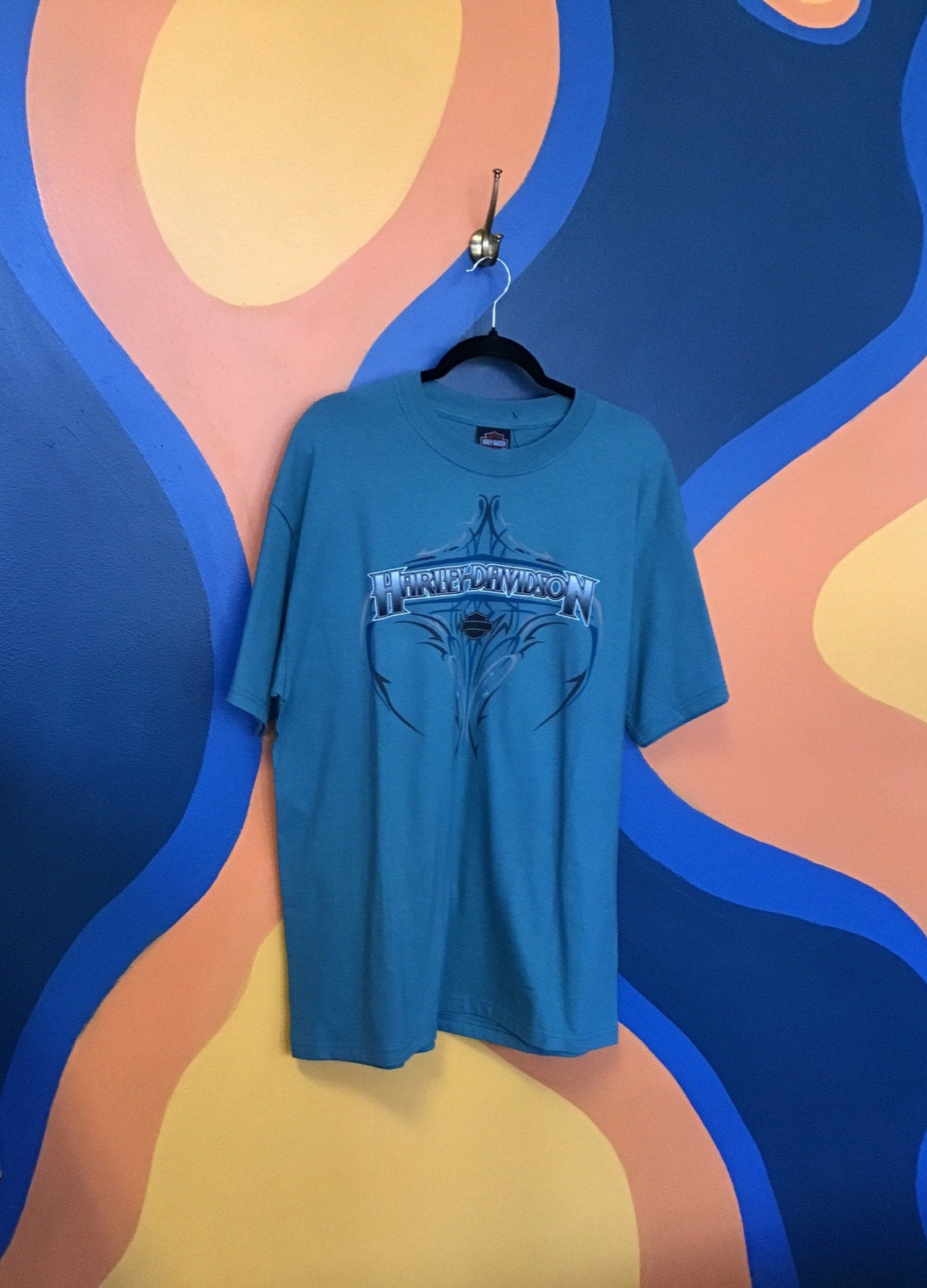 Harley Davidson Chicago, IL Graphic Print Crew Neck Teal Shirt Men's Size Large