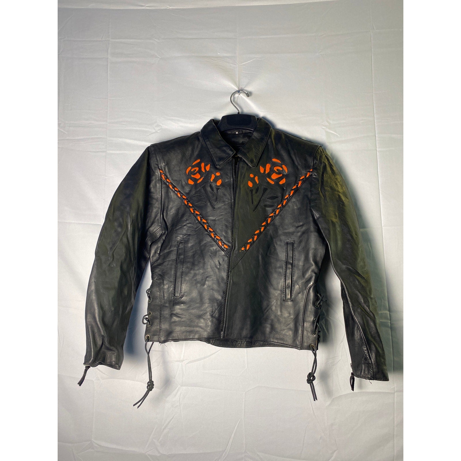 Motorcycle Jacket Black Leather Orange Trim Cutout Roses Full Zip Womens Medium