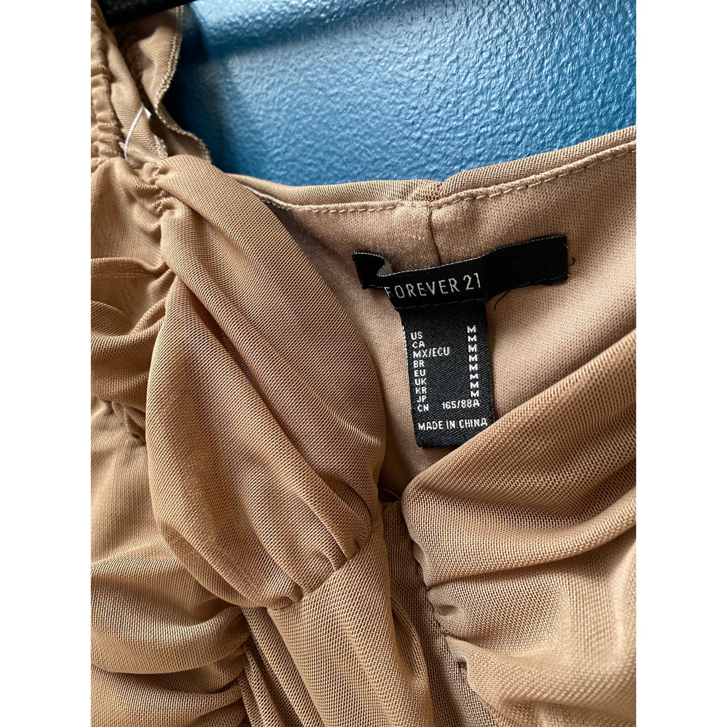 Forever 21 Light Brown Mesh Ruched Sweetheart Crop Top Long Sleeve Medium