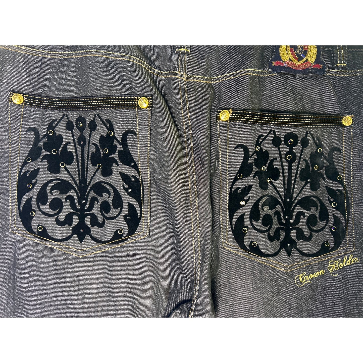 Crown Holder Blue Black Embroidered Straight Leg Jeans Dark Wash Men's Size 44