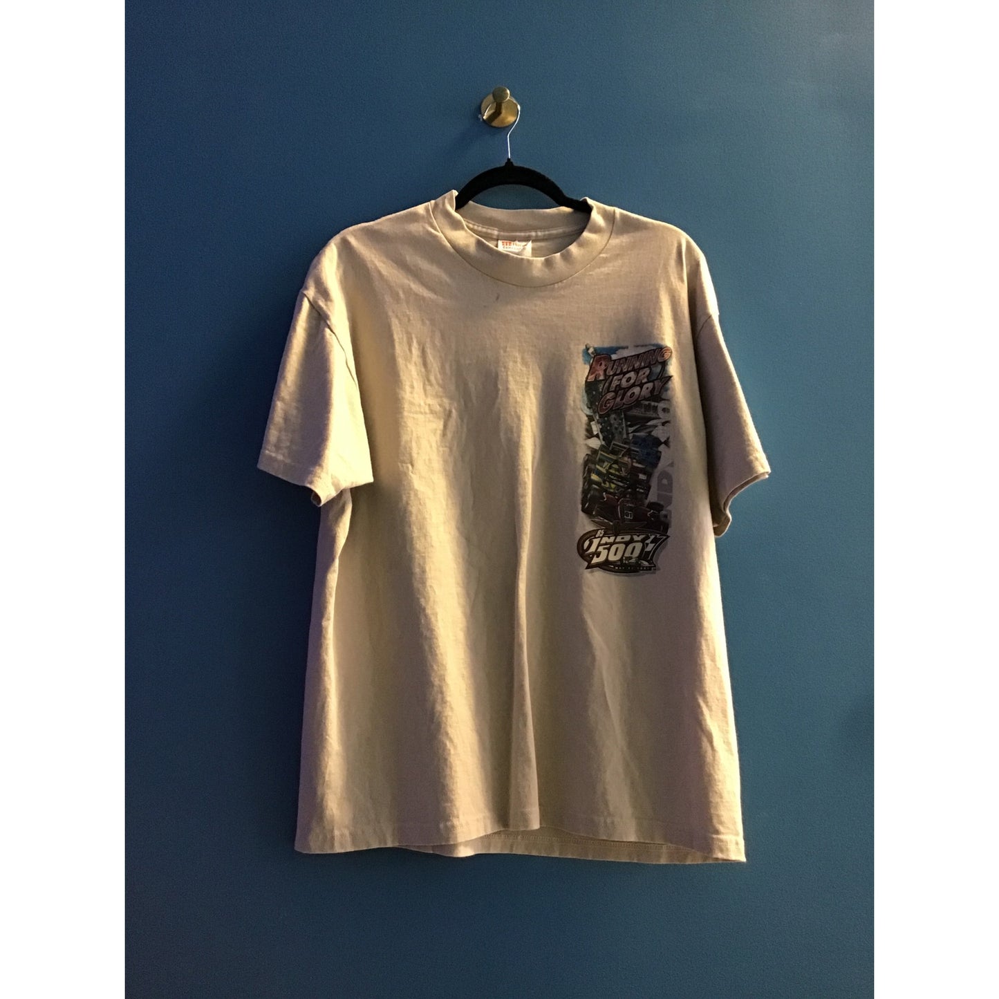 Hanes #85 Indy 500 Racing to Win Running for Glory Print Brown Shirt Men's Large