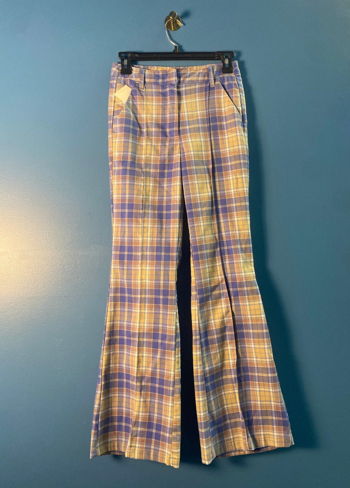 Urban Outfitters Blue Orange Beige Plaid Bell Bottoms Pants Women's Size 0
