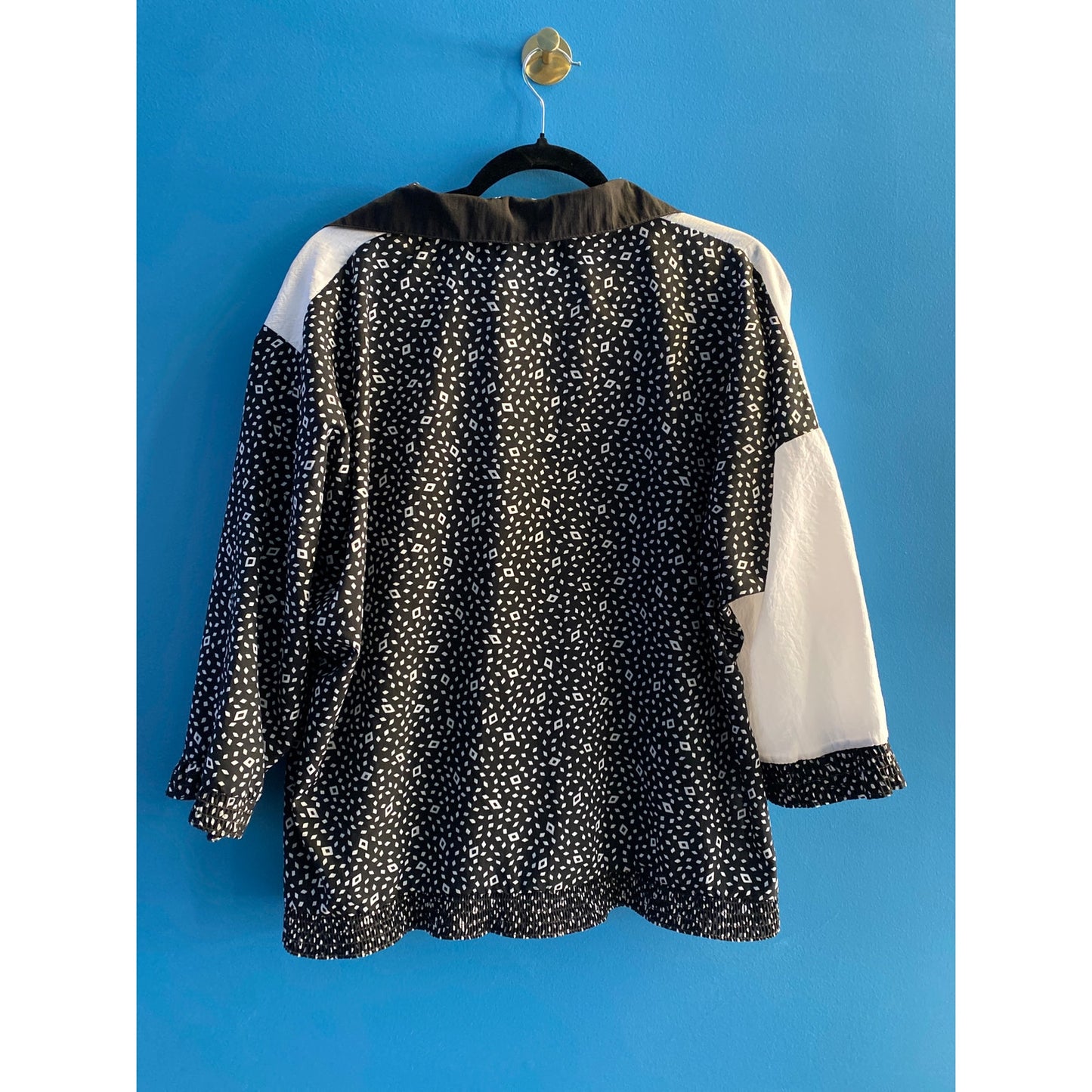 80's Black White Geometric Pullover Long Sleeve 1/4 Button Shirt Women's Large