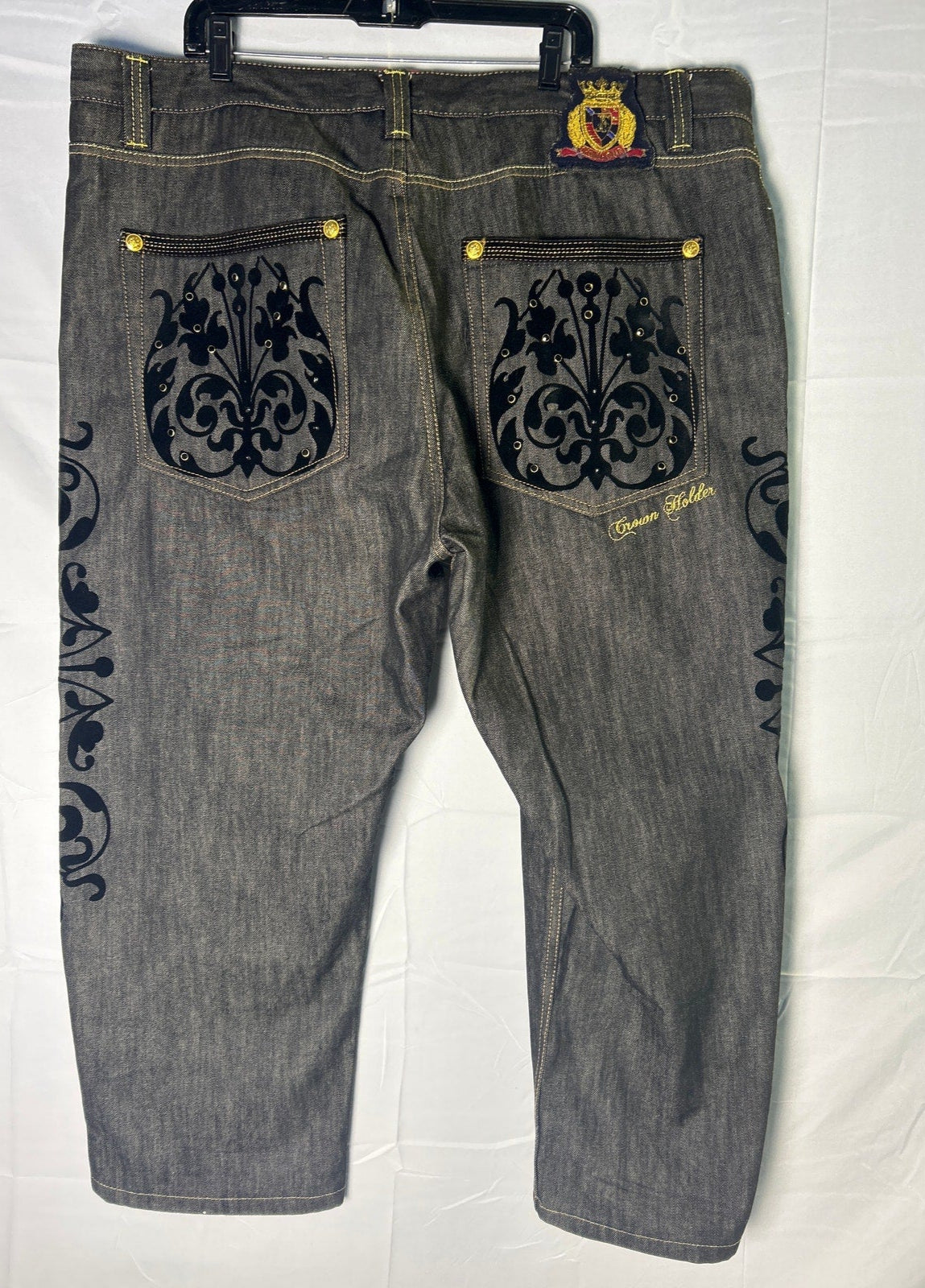 Crown Holder Blue Black Embroidered Straight Leg Jeans Dark Wash Men's Size 44