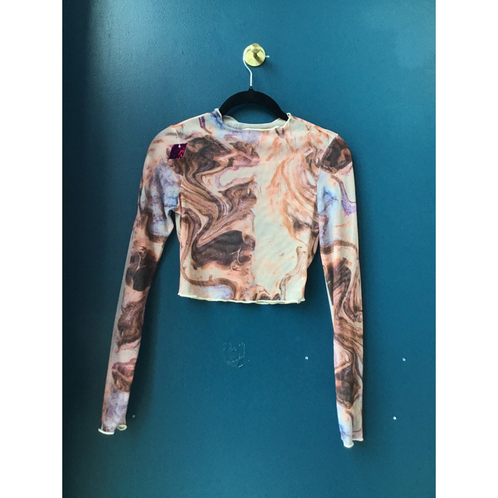 Shein Marble Print Mesh Long Sleeve Crop Top Women's Size XS