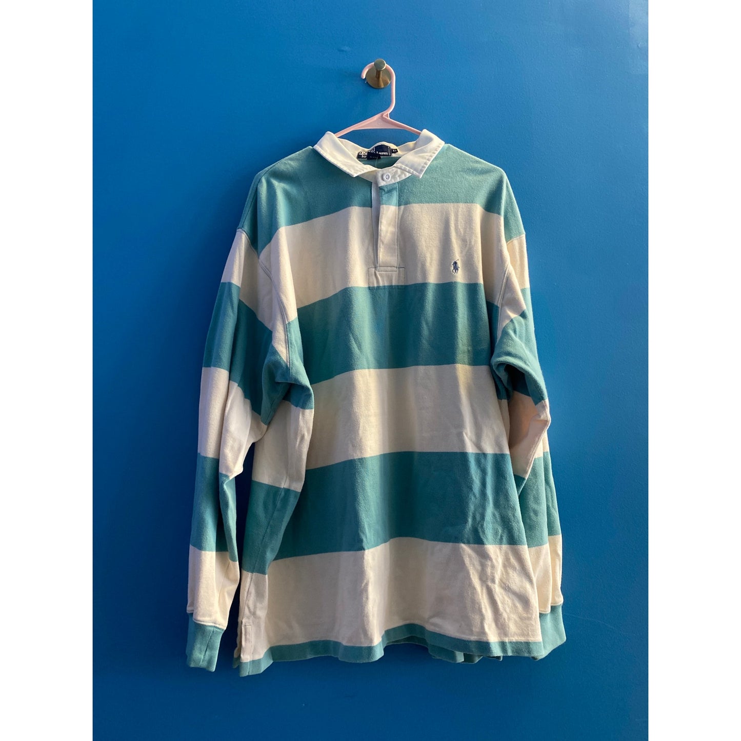 Vintage Polo by Ralph Lauren White Green Striped Long Sleeve Polo Shirt XL