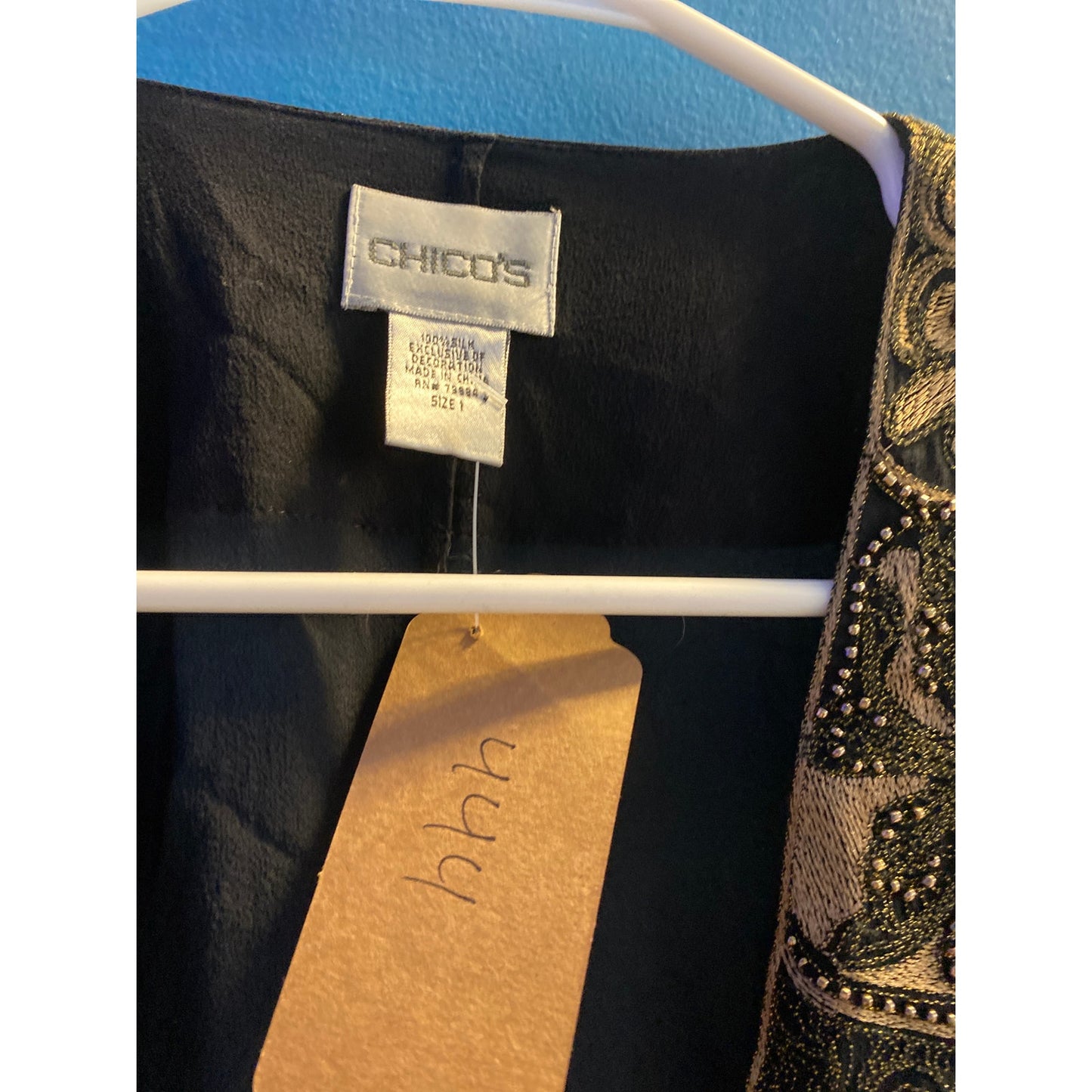 Chico's 100% Silk Black Beaded Floral Sheer Front Tie Cardigan Small/Medium