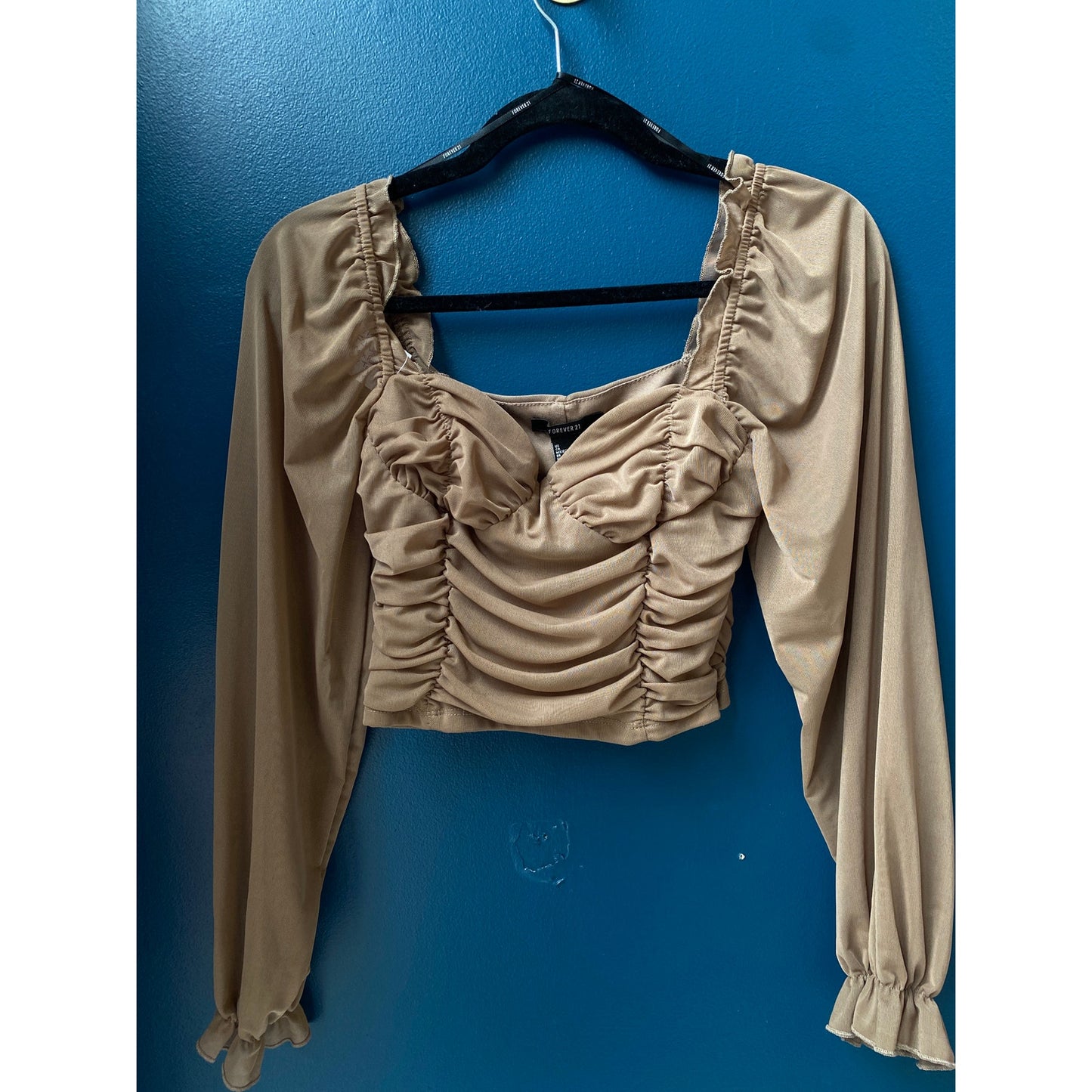 Forever 21 Light Brown Mesh Ruched Sweetheart Crop Top Long Sleeve Medium