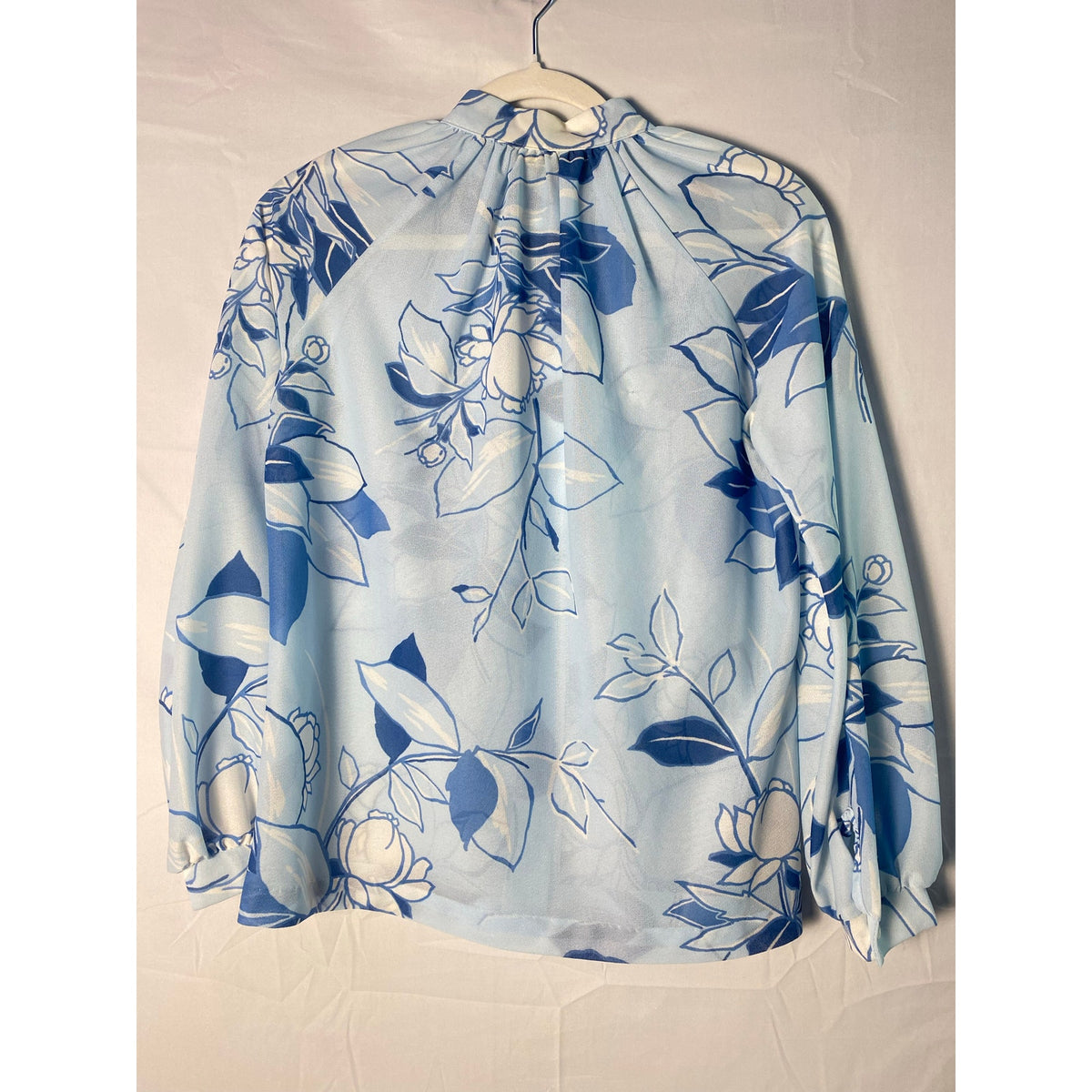 Vintage 70s Alfred Dunner Blue Floral Sheer Button-Up Blouse Women's Size Small