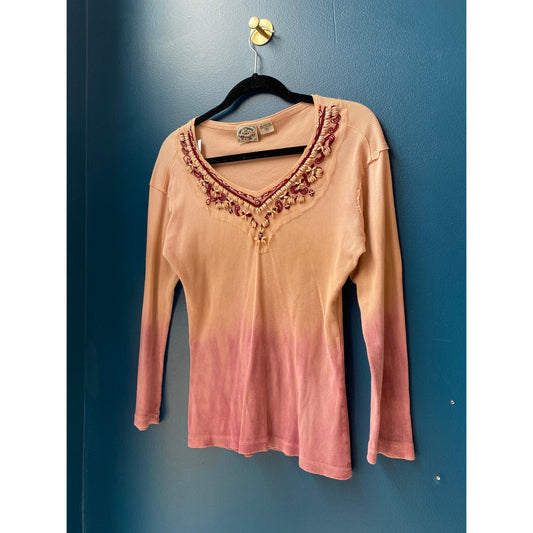 24 Karat Y2k Pink Dip Dye Beaded Knit Top V-neck Long Sleeve Women's Size Medium