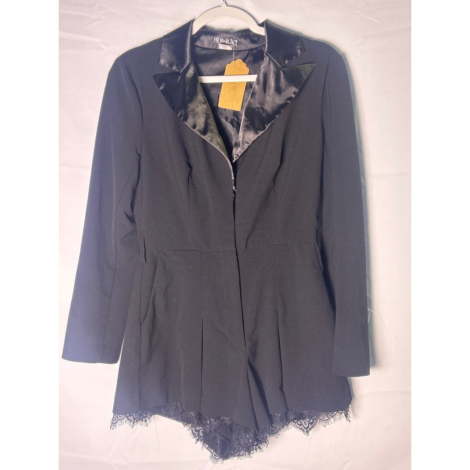 Y2K VENUS Black Blazer Collared Romper Lace Hem Women's Size Small