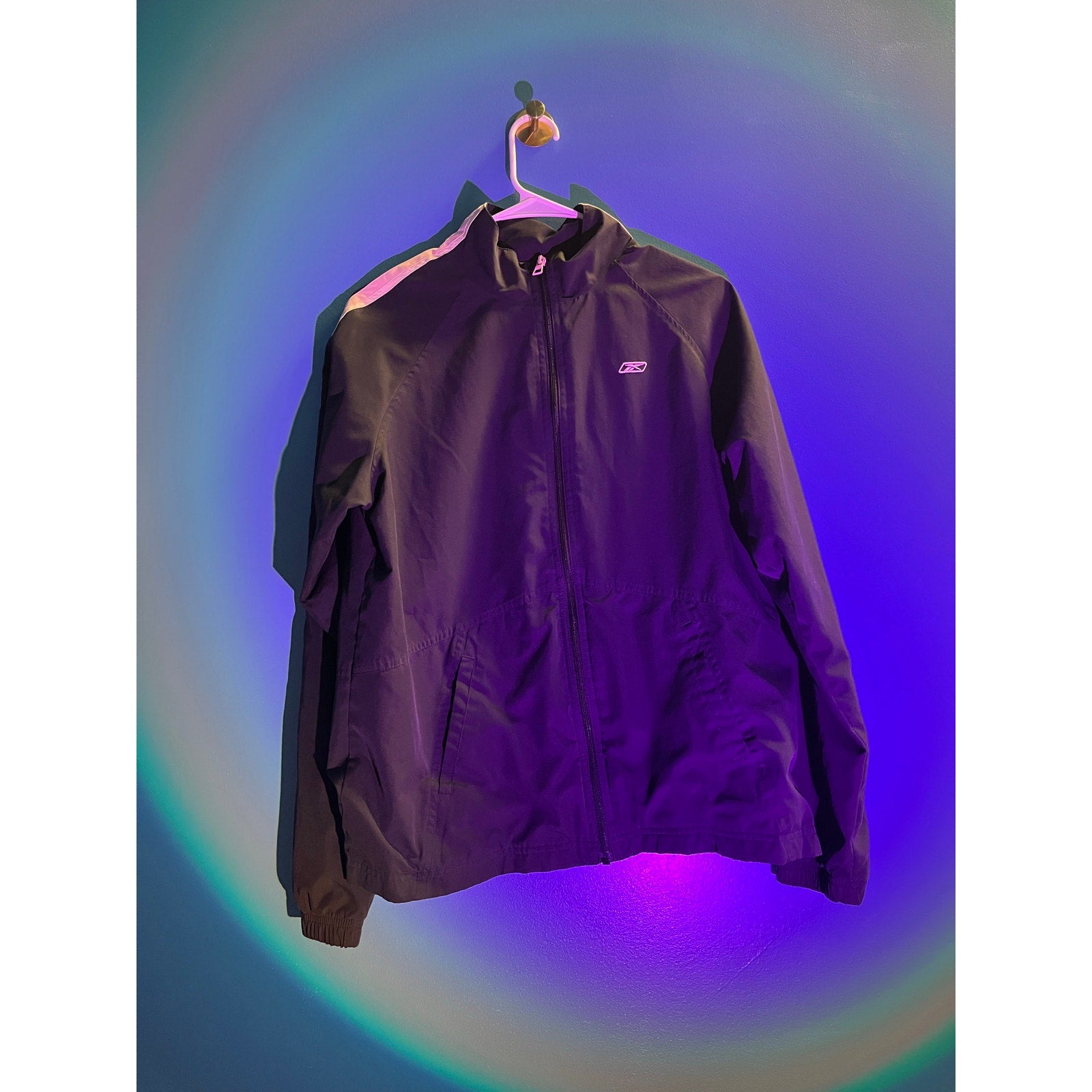 Reebok Black Pink Full Zip Logo Print Windbreaker Jacket Women's Size Large